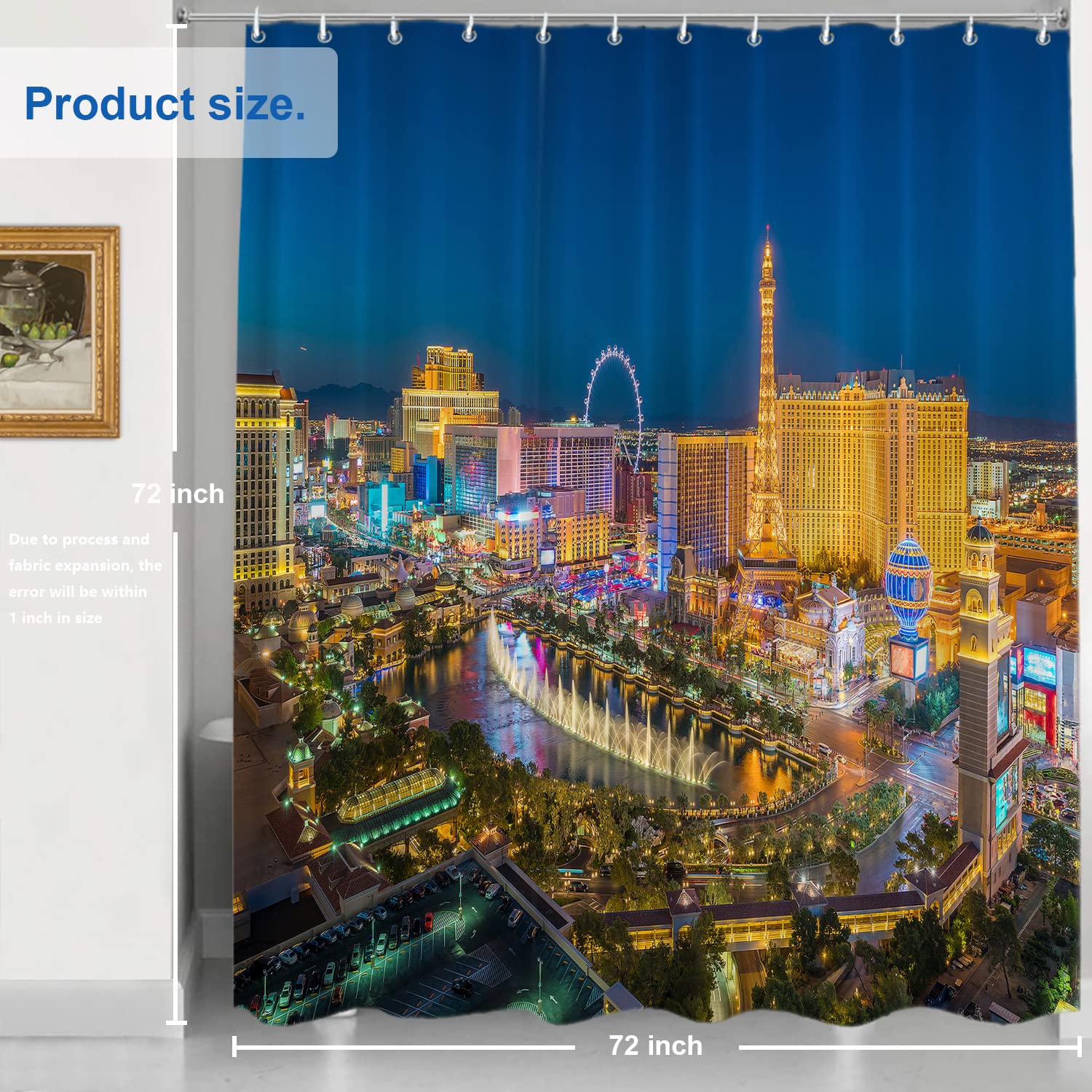 Shrahala Night Usa Skyline Decorative Shower Curtain, Las Vegas Nevada Skyline Shower Curtain For Shower Stall Bathtubs Bathroom
