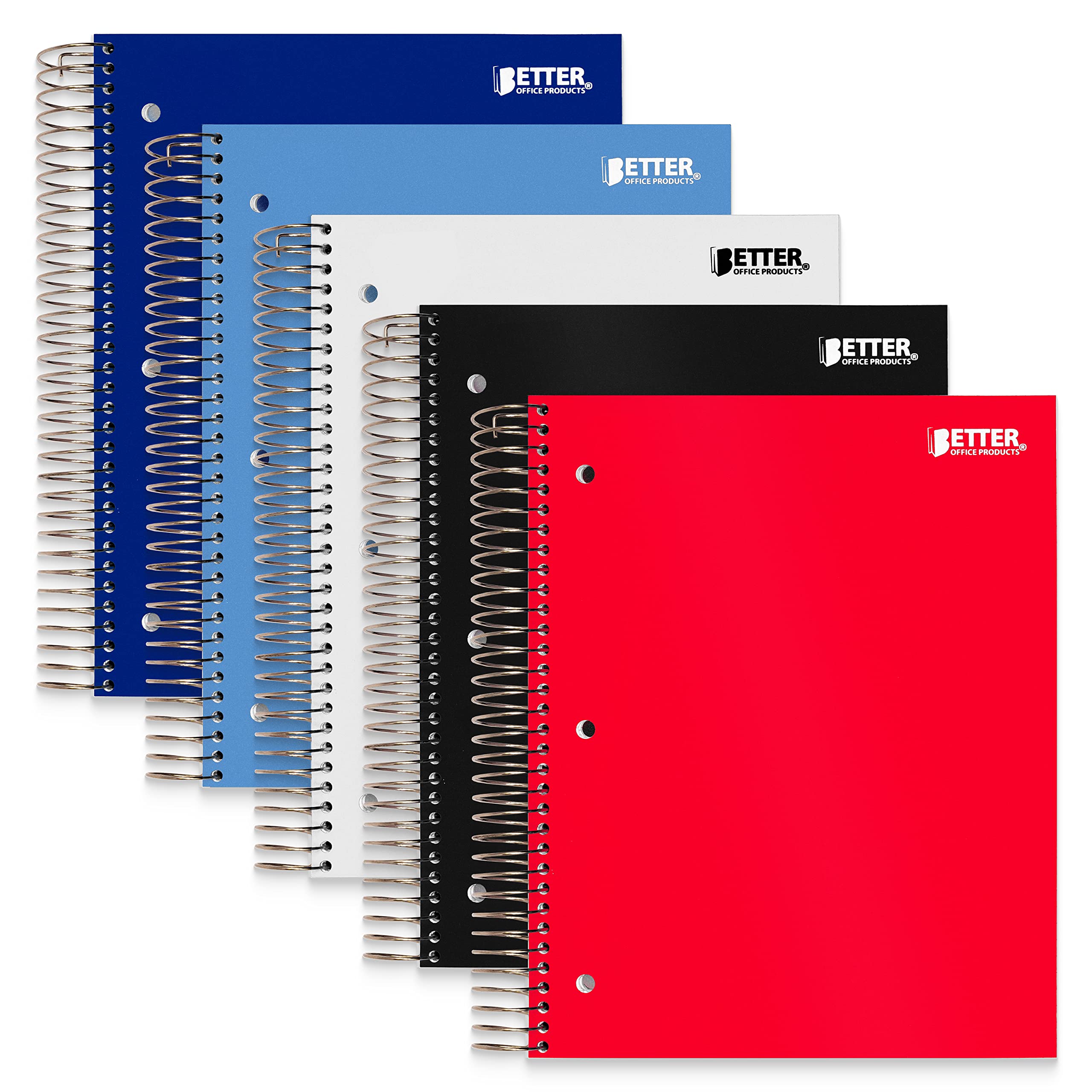 Better Office Products 5-Subject Spiral Notebook, 5 Pack, Assorted Color Poly Covers, College Rule, 200 Sheet Notebook With 4 Tw