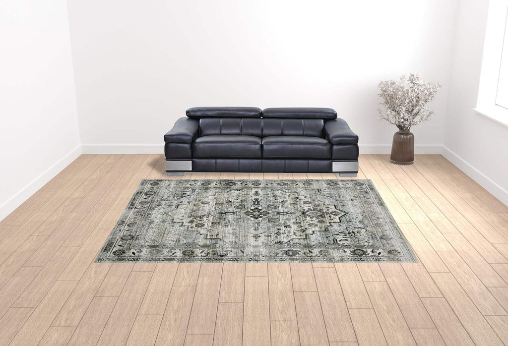 HomeRoots 508927 10 x 13 ft. Ivory Gray Charcoal Blue & Taupe Oriental Power Loom Stain Resistant Rectangle Area Rug, Rectangular