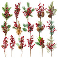 Fessary 9-14 Inch Large Red Berry Pine Branches 16 Pack Assorted Pine Berries Branches Flower Pick for Christmas Wreath Festive 