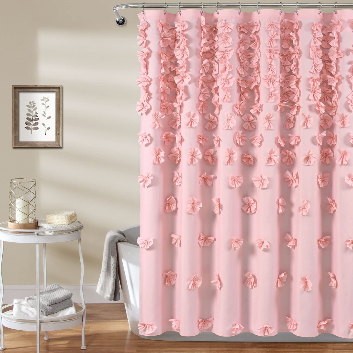 Lush Decor Riley Shower Curtain Bow Tie Textured Fabric Vintage Chic Farmhouse Style Bathroom Decor, 0, Pink