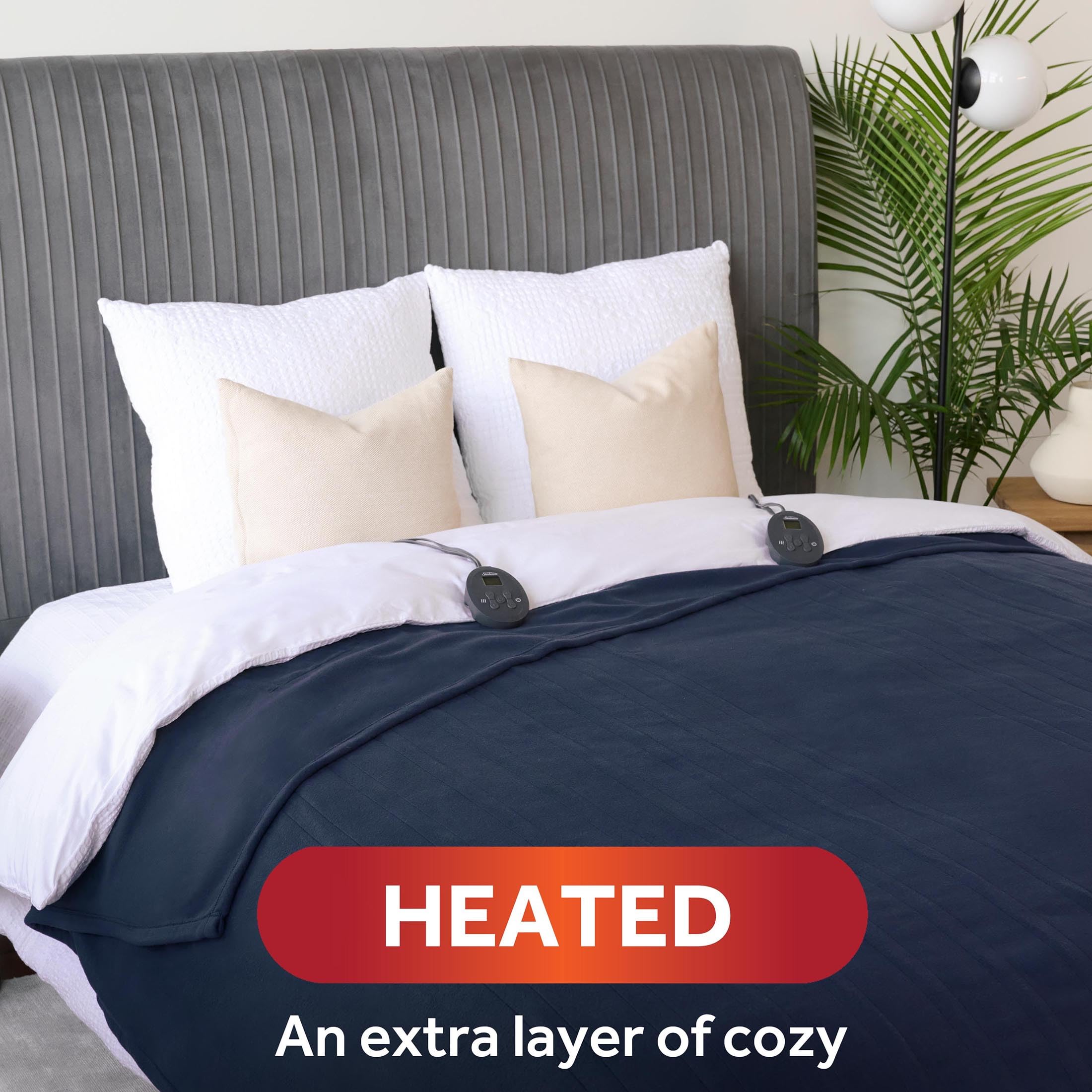 Sunbeam Royal Ultra Fleece Heated Electric Blanket Queen Size, 90' X 84', 12 Heat Settings, 12-Hour Selectable Auto Shut-Off, Fast Heating, Machine Washable, Warm And Cozy, Indigo