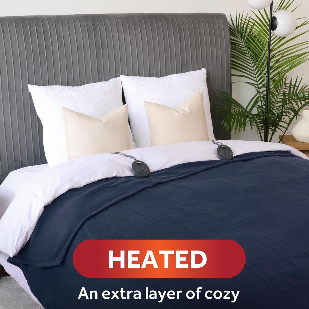 Sunbeam Royal Ultra Fleece Heated Electric Blanket Queen Size, 90' X 84', 12 Heat Settings, 12-Hour Selectable Auto Shut-Off, Fast Heating, Machine Washable, Warm And Cozy, Indigo