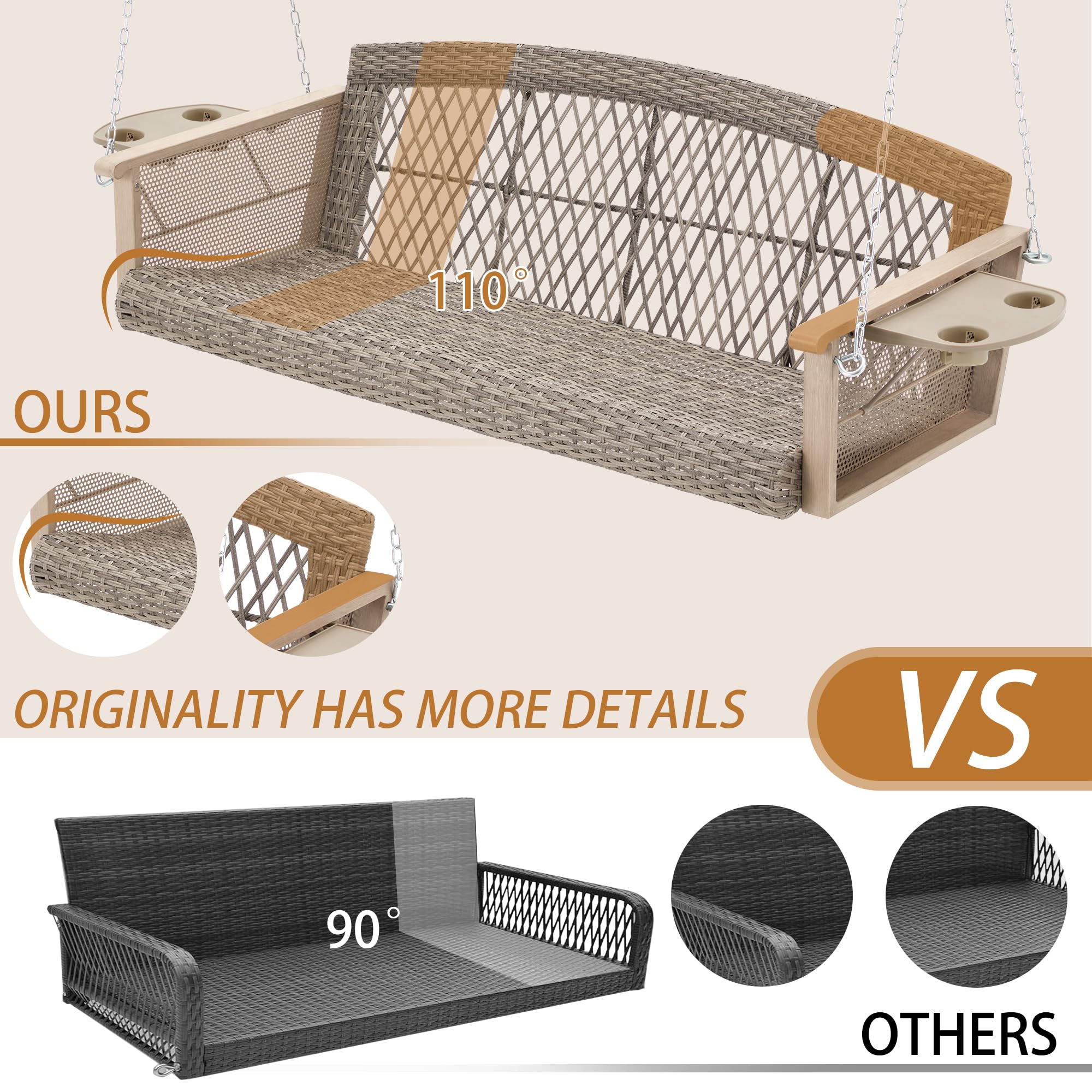 Homrest 3-Person Wicker Porch Swing With Upgraded Cup Holder, 55 Inch Patio Hanging Swing Bench Chair With Cushions 900Lbs Capacity Chains For Deck Garden Backyard (Beige)