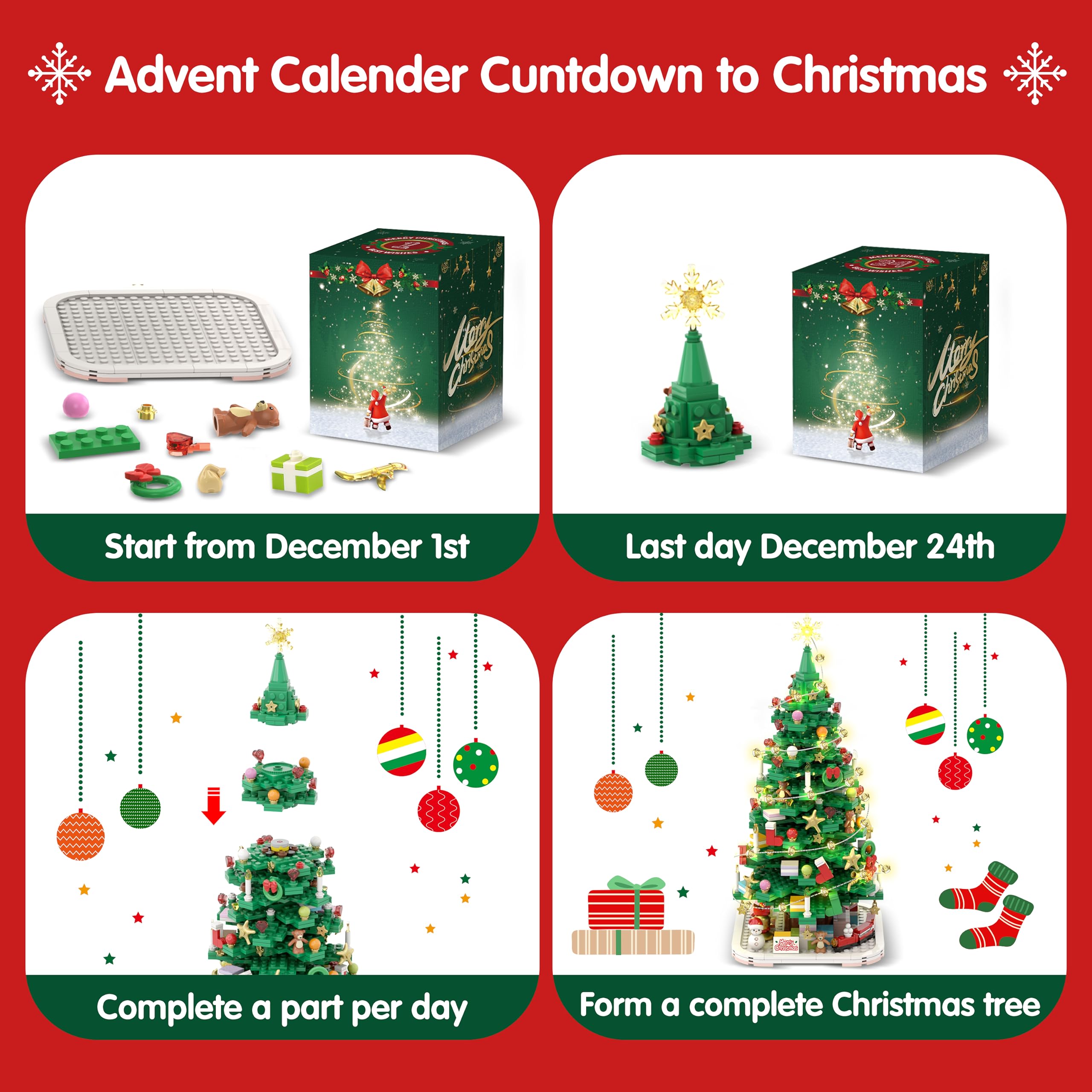 Advent Calendar 2024 Christmas Tree Building Toy Set With Led Light, 1066 Pieces Christmas Countdown Calendar, 24 Days Building