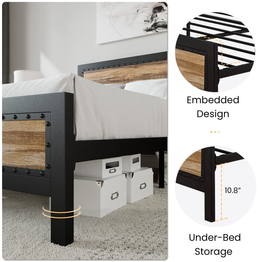 Sha Cerlin Heavy Duty Full Size Bed Frame/Metal Platform Bed With Rivet Wooden Headboard Footboard/ 13 Strong Steel Slats Support/No Box Spring Needed/Mattress Foundation/Easy Assembly