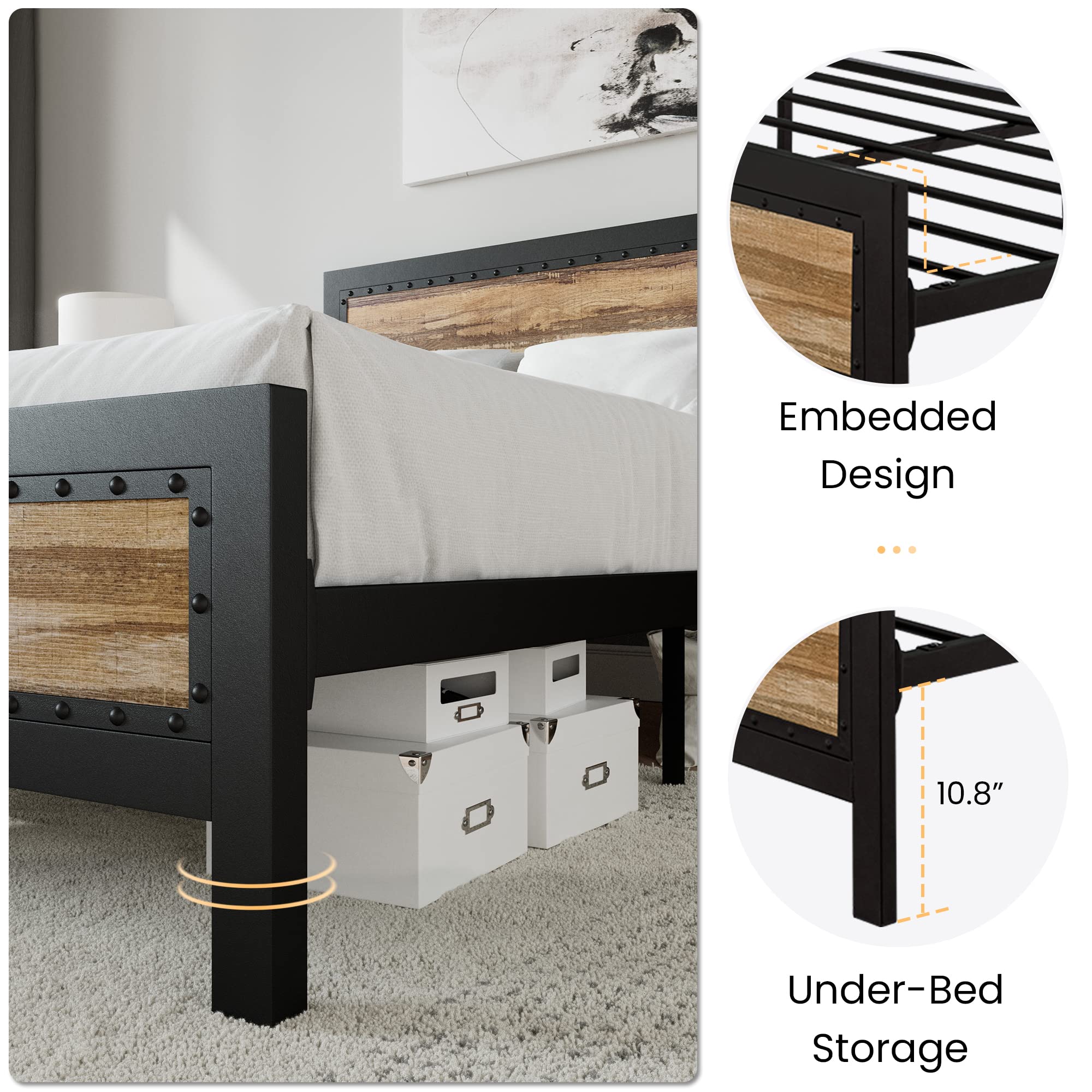 Sha Cerlin Heavy Duty Full Size Bed Frame/Metal Platform Bed With Rivet Wooden Headboard Footboard/ 13 Strong Steel Slats Support/No Box Spring Needed/Mattress Foundation/Easy Assembly