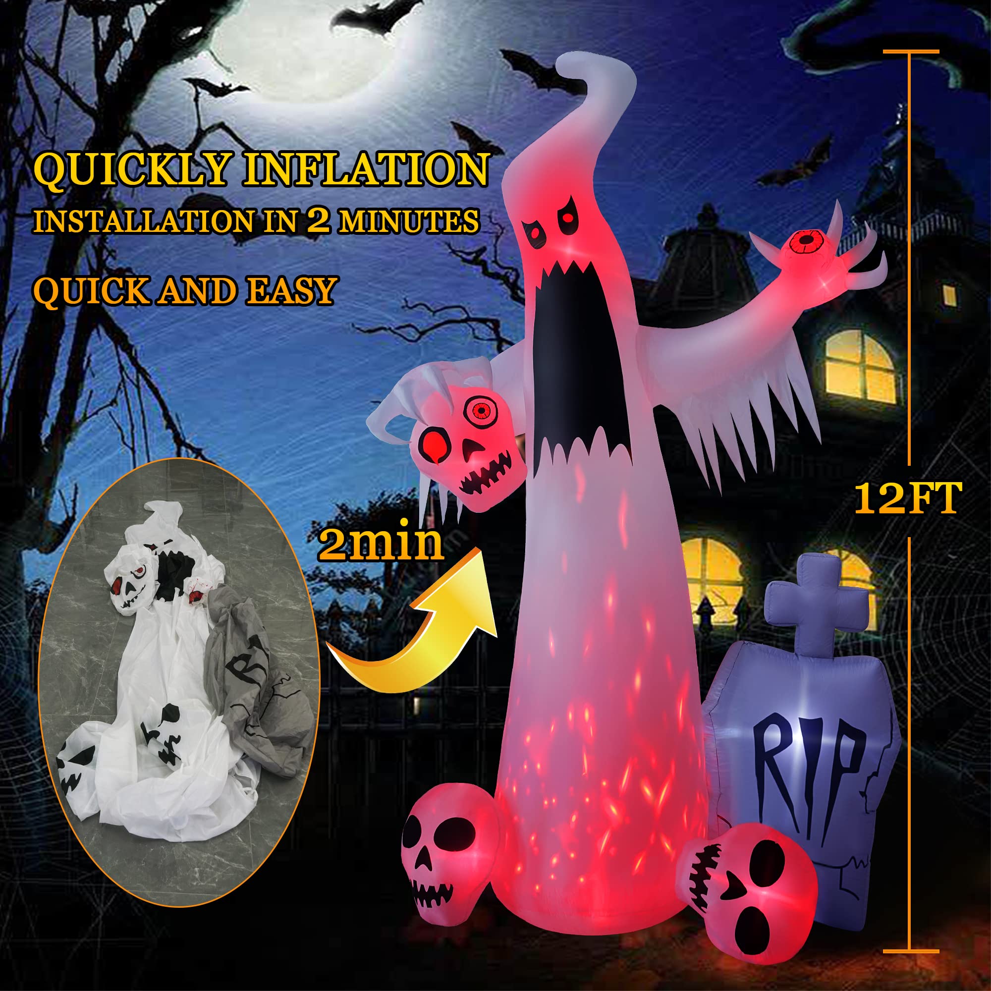 Hopoco 12 Ft Halloween Inflatables Outdoor Halloween Blow Up Yard Decorations Horror White Ghost With 3 Skull Heads Bleeding Eye