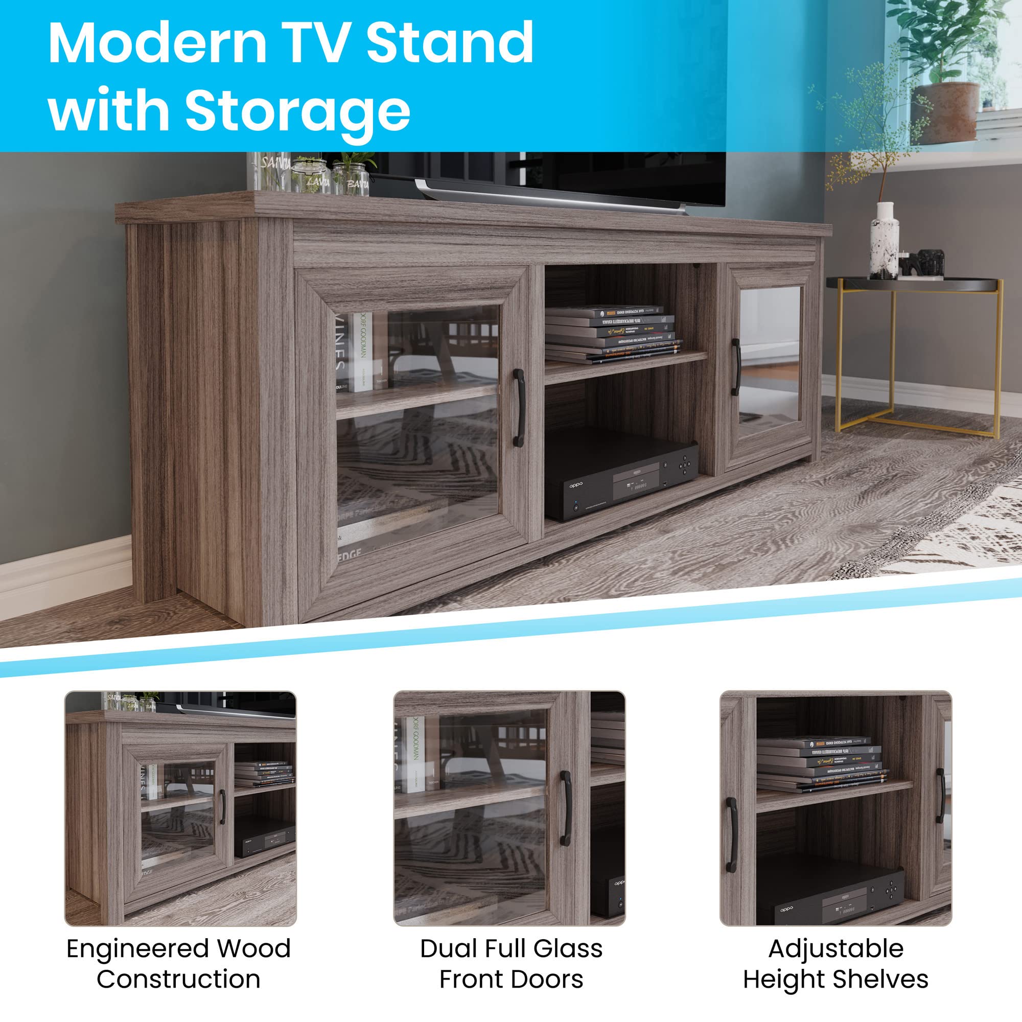 Flash Furniture Sheffield TV Stand for up to 80&quot; TVs - Modern Gray Wash Finish & Full Glass Doors - 65&quot; Engineered Wood Frame - 3 Height Adjustable Shelves