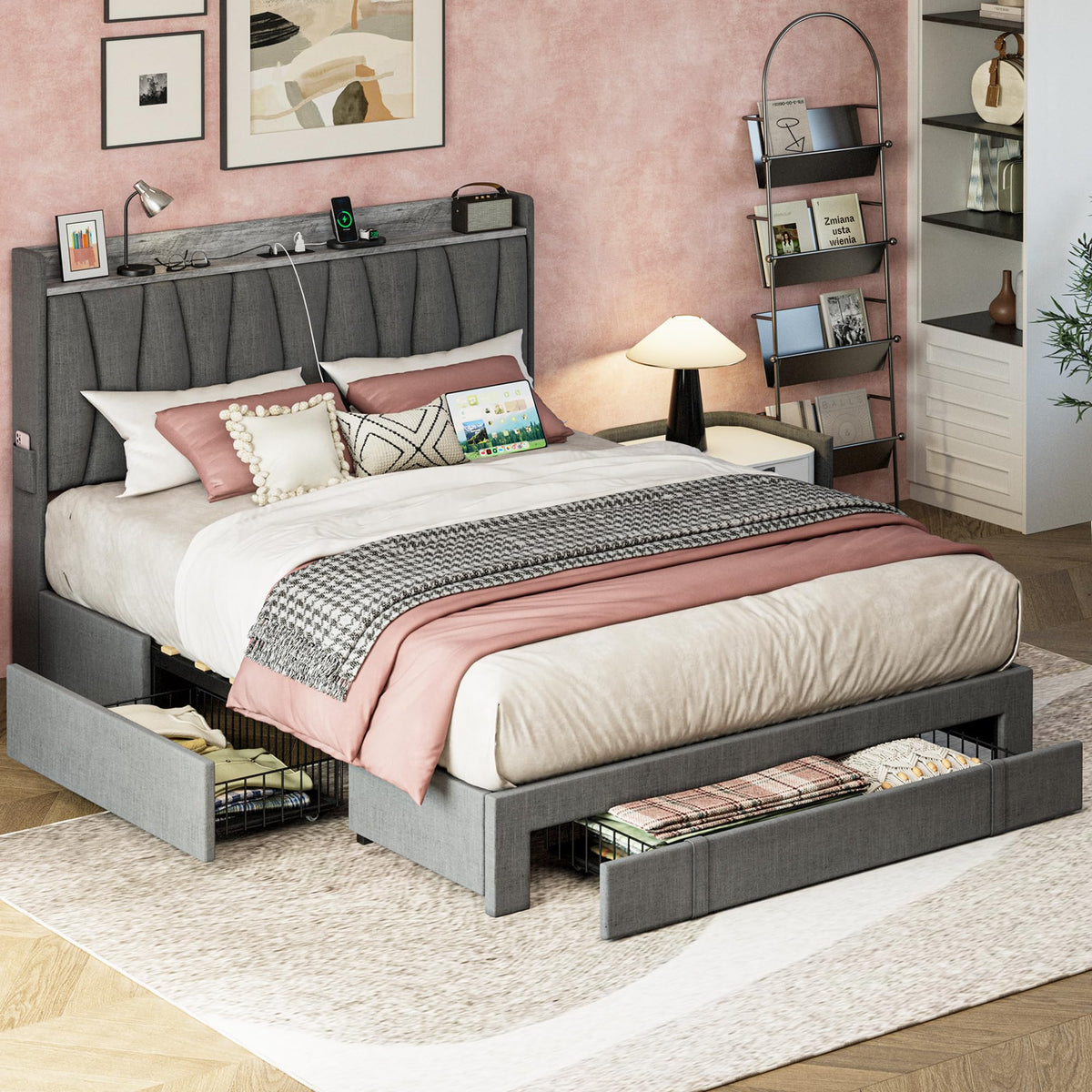 ANCTOR Full Size Bed Frame with 3 Drawers, Upholstered Platform Bed with Storage Headboard and Charging Station, No Box Spring N
