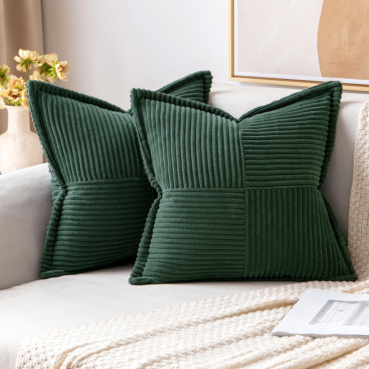 Miulee Dark Green Corduroy Pillow Covers With Splicing Set Of 2 Super Soft Boho Striped Pillow Covers Broadside Decorative Textu