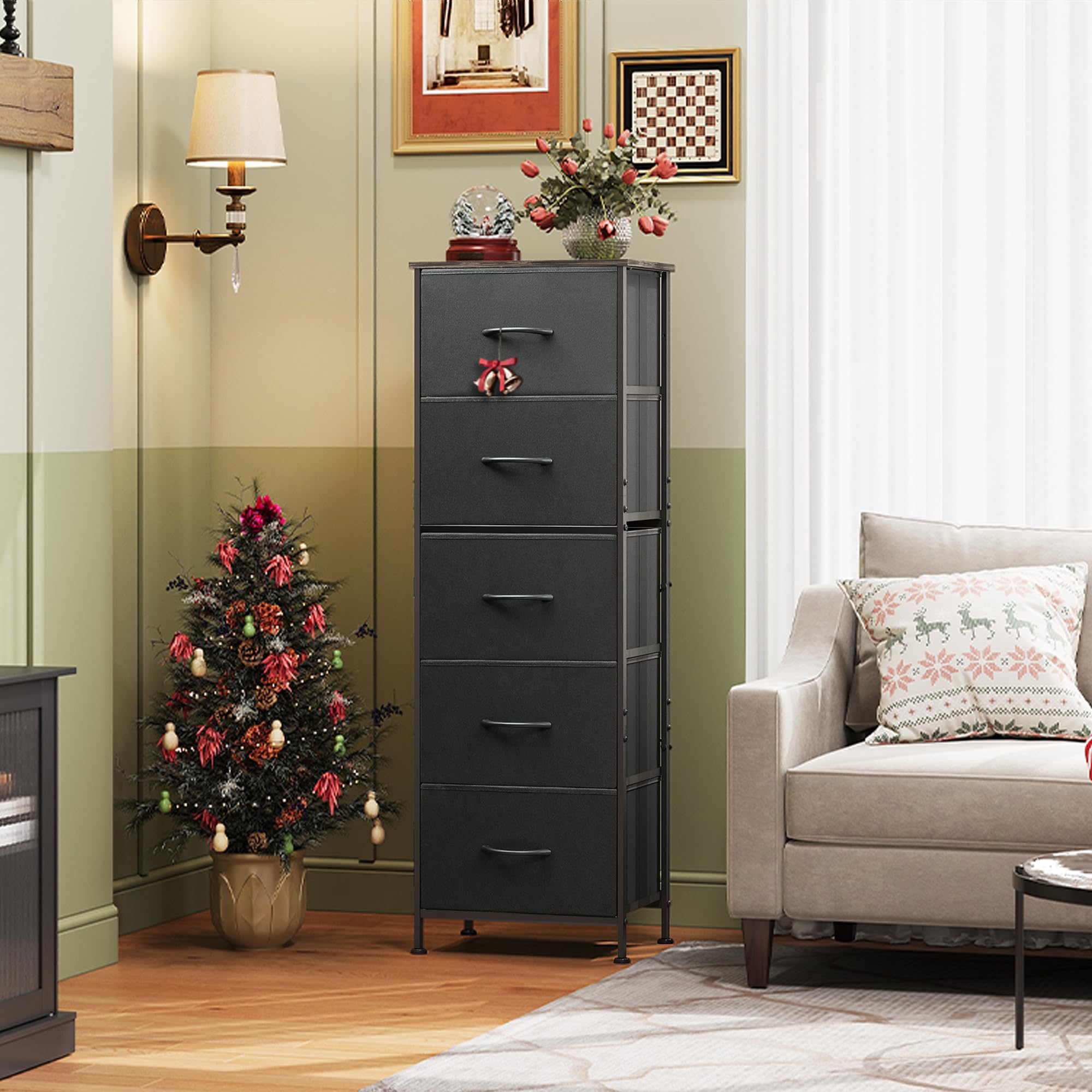 Wlive Fabric Dresser, 5-Drawer Tall Dresser For Bedroom, Storage Dresser Organizer With Fabric Bins, Wood Top, Sturdy Steel Frame, Chest Of Drawers For Closet, Hallway, Charcoal Black