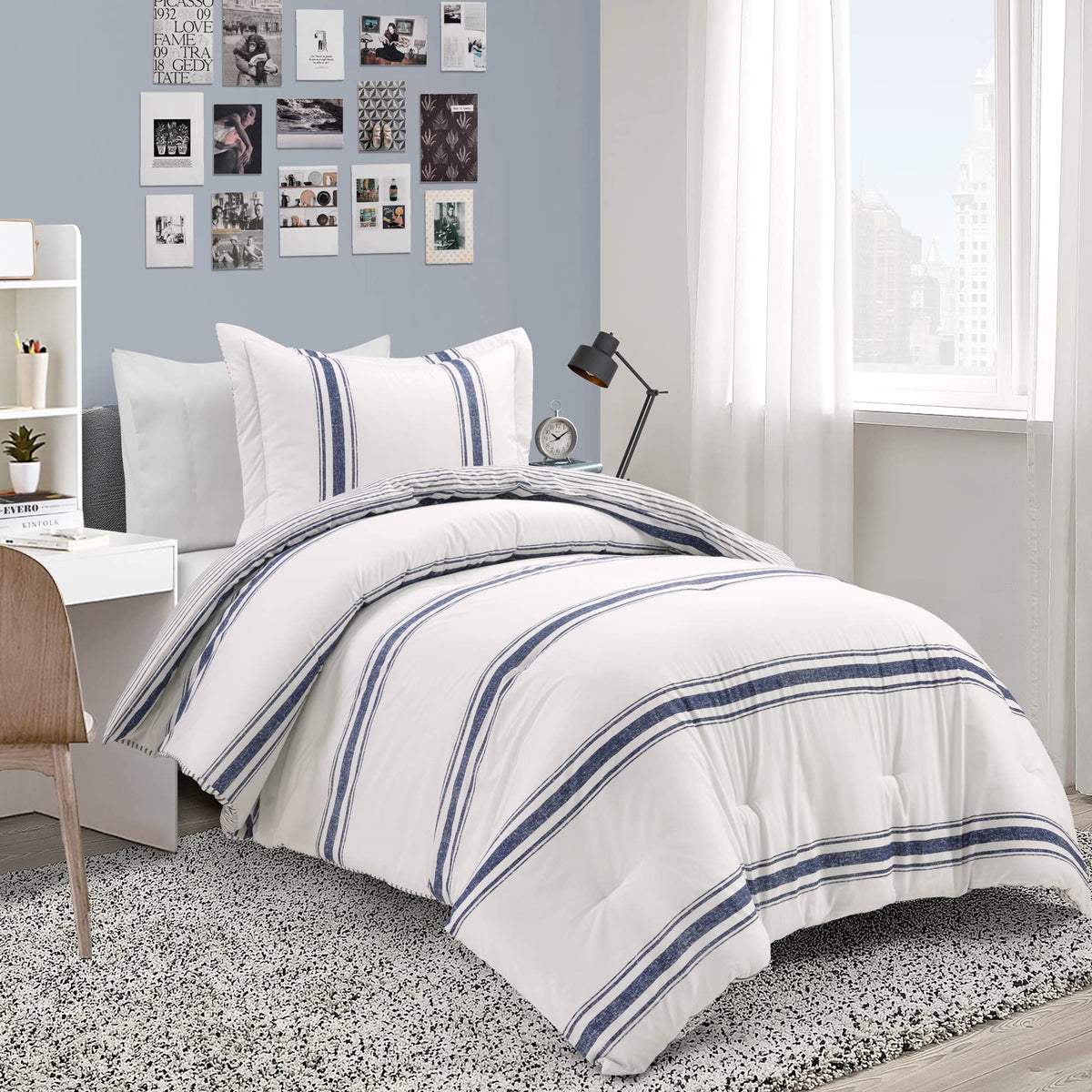 Lush Decor Farmhouse Stripe Reversible Cotton Comforter Set , 2 Piece Set, Twin Xl, Navy - Twin Bedding Set - Dorm Decor - Strip