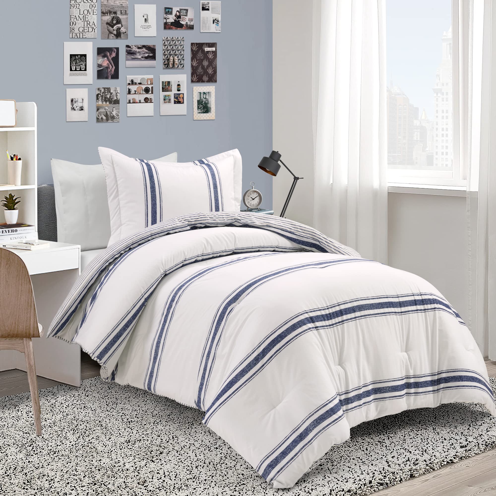 Lush Decor Farmhouse Stripe Reversible Cotton Comforter Set , 2 Piece Set, Twin Xl, Navy - Twin Bedding Set - Dorm Decor - Strip