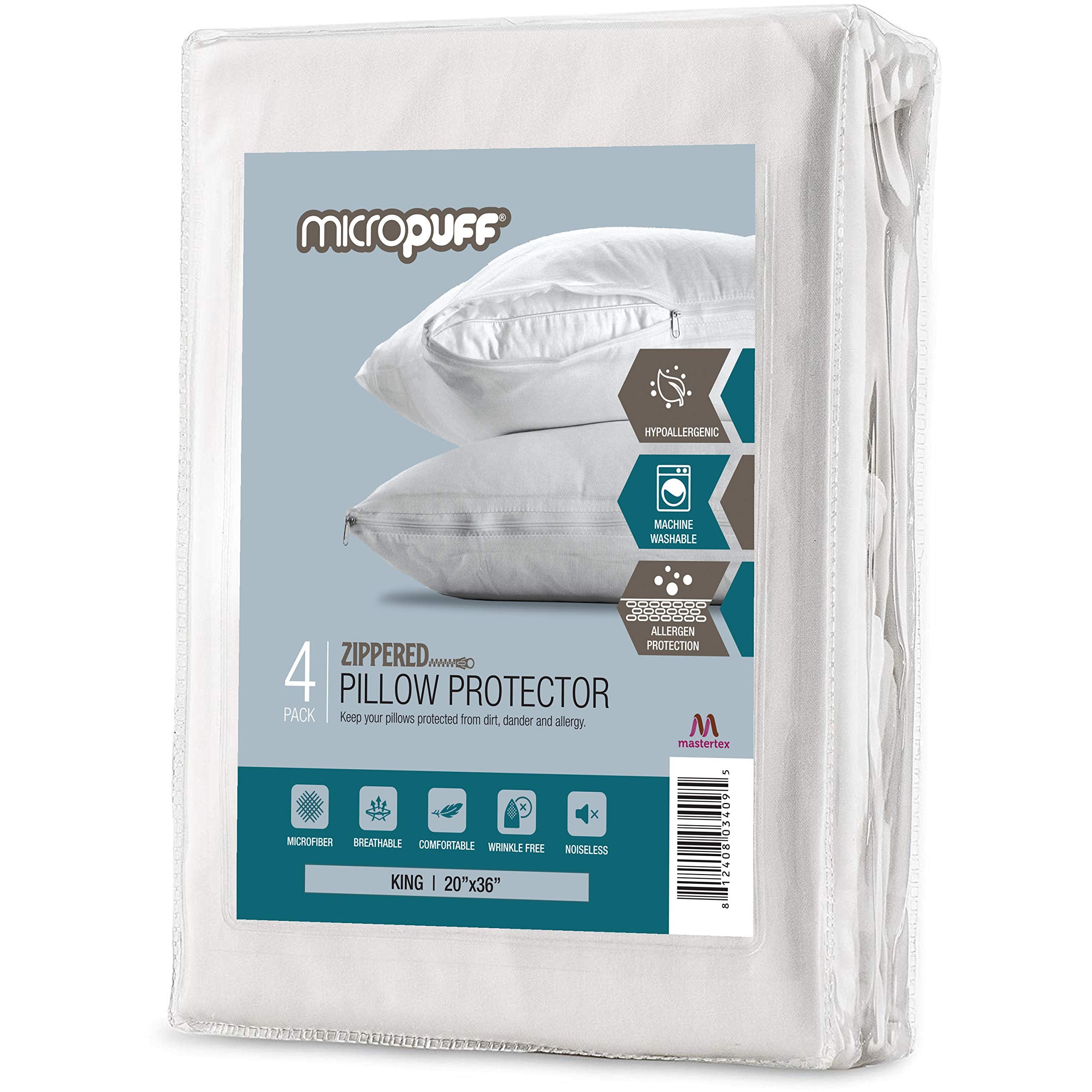 Micropuff King Size Pillow Protectors With Zipper - 4 Pack - Soft And Breatheable Hypoallergenic Pillow Cover. Pillowcase Protec