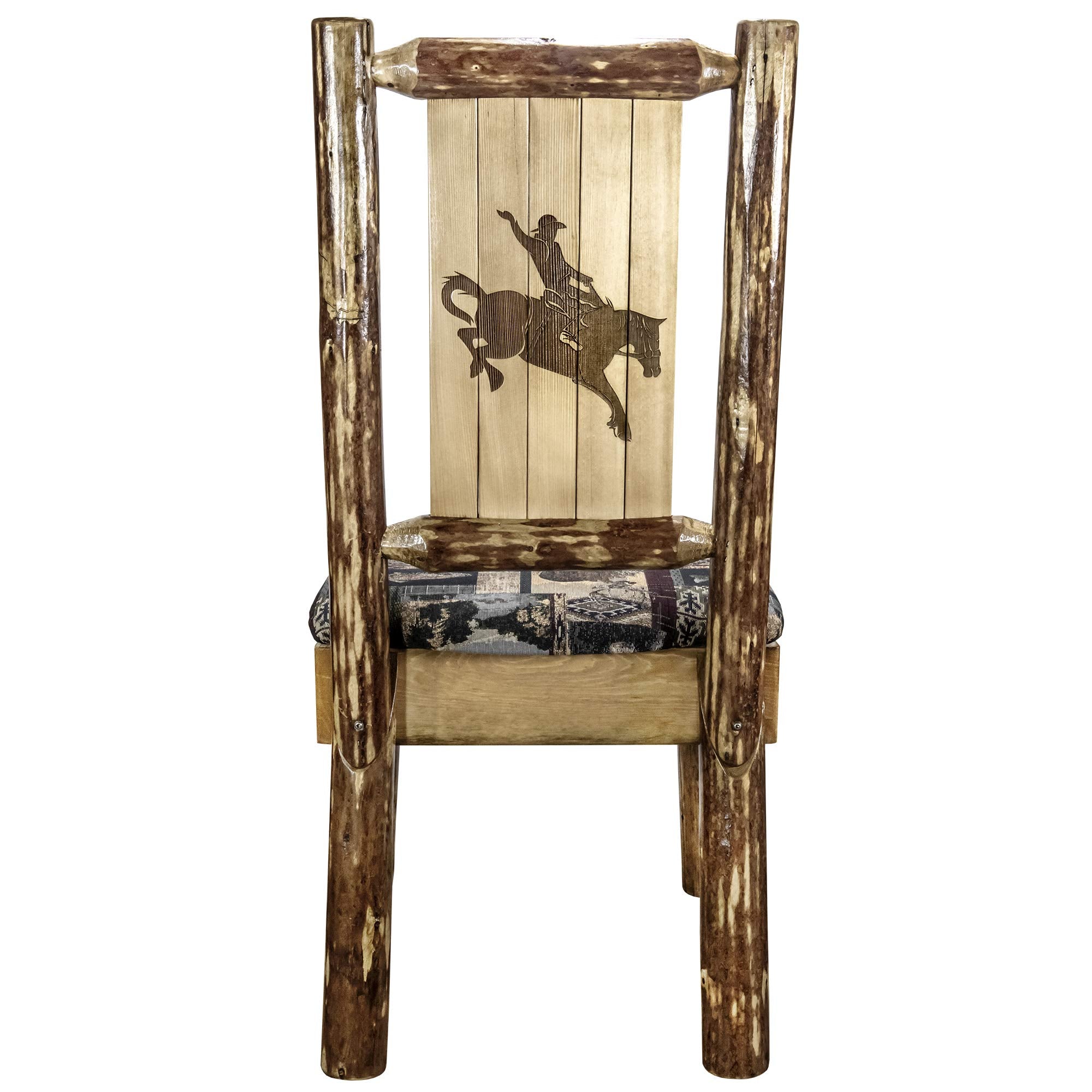Montana Woodworks Glacier Country Collection Side Upholstered Chair, Woodland Pattern with Laser Engraved Bronc Design, Stained and Lacquered