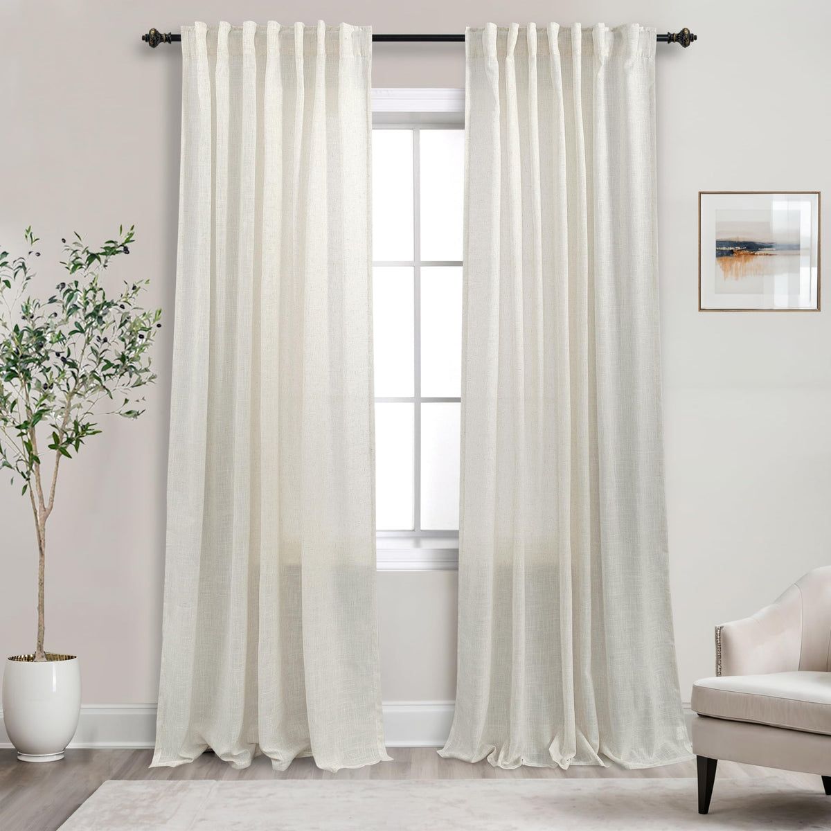 Linen Curtains 84 Inch Length 2 Panels Set,Back Tab/Rod Pocket Neutral Farmhouse Flax Semi Sheer Curtain Drapes 84 Inches Long F