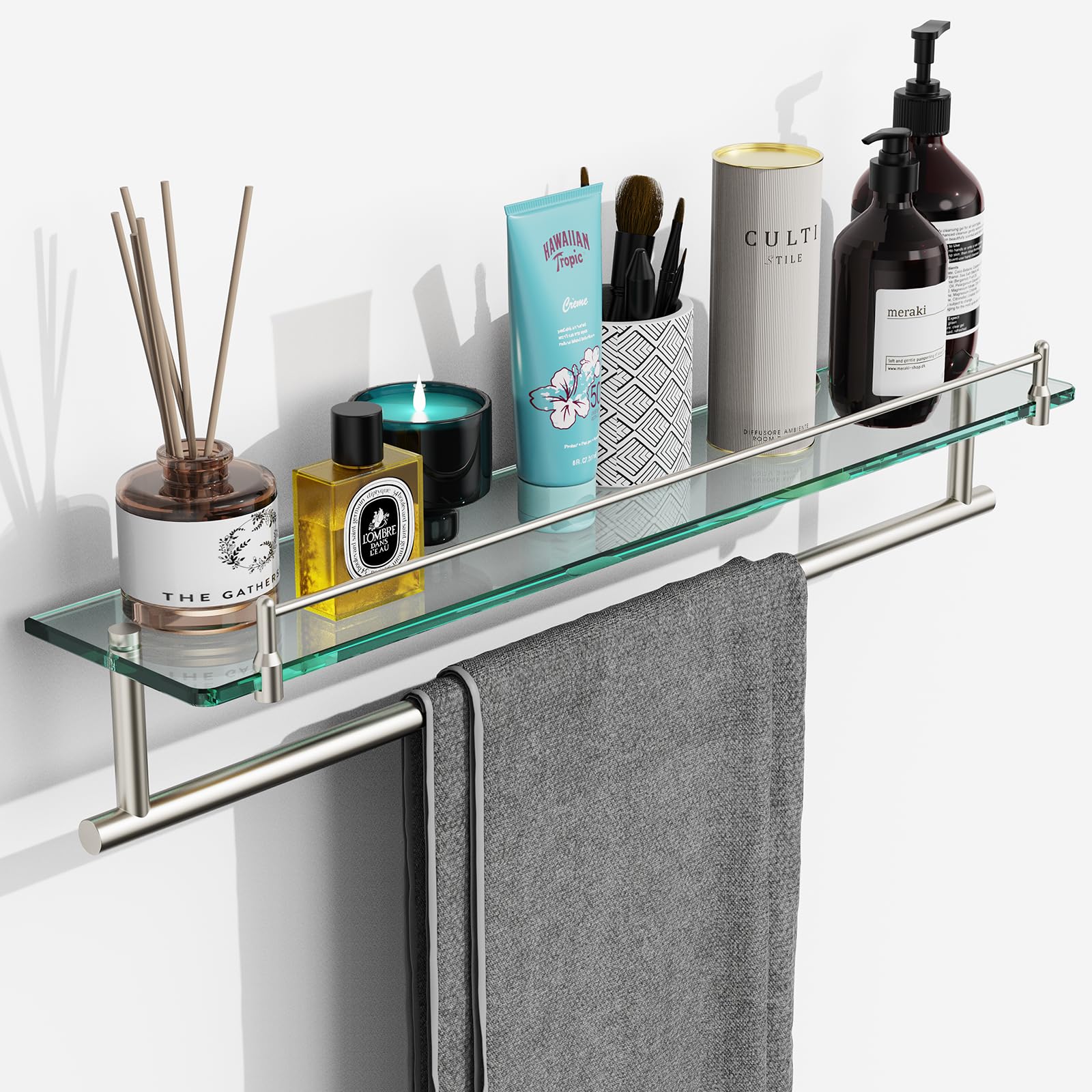 Glass Shelves for Bathroom with Towel Bar,24-Inches Brushed Nickel Floating Glass Shelves with Towel Rack Stainless Steel Temper