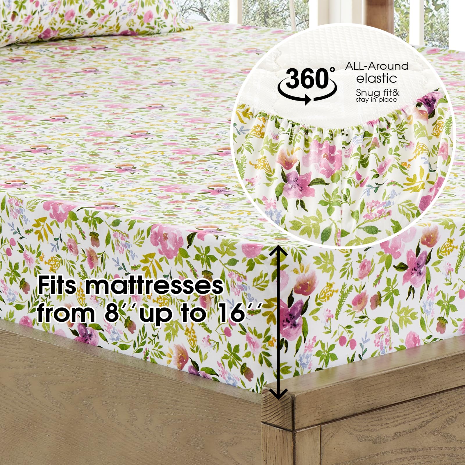 FreshCulture Floral Queen Bed Sheets - Ultra Soft Brushed Microfiber, Deep Pockets up to 16, Hotel Luxury 4 Piece Set, Aquarelle Design