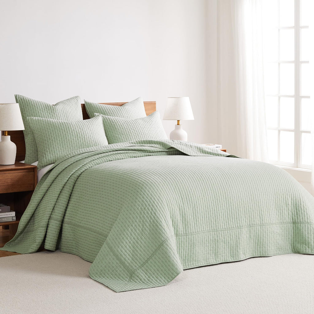 Levtex Home - Cross Stitch Desert Sage Bedspread Set - Full Quilted Bedspread And Two Standard Shams - Cross Stitch Pattern - Be