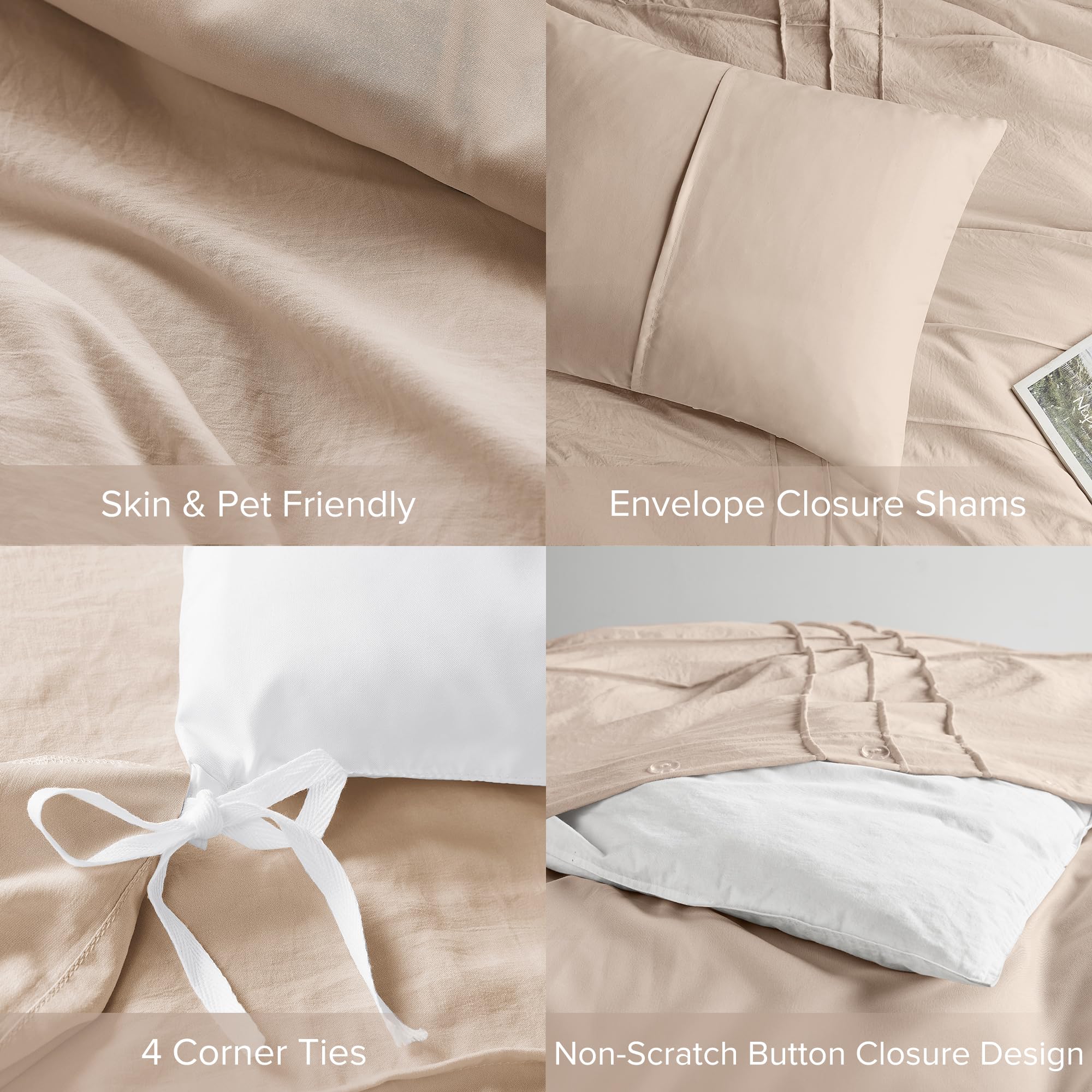 Comfort Spaces Blush Queen Size Duvet Cover Set - 3 Pieces Pintuck Pleated Duvet Cover Queen, All Season Lightweight, Extra Softness Pre-Washed Microfiber Queen Bedding Cover Shams, Full/Queen