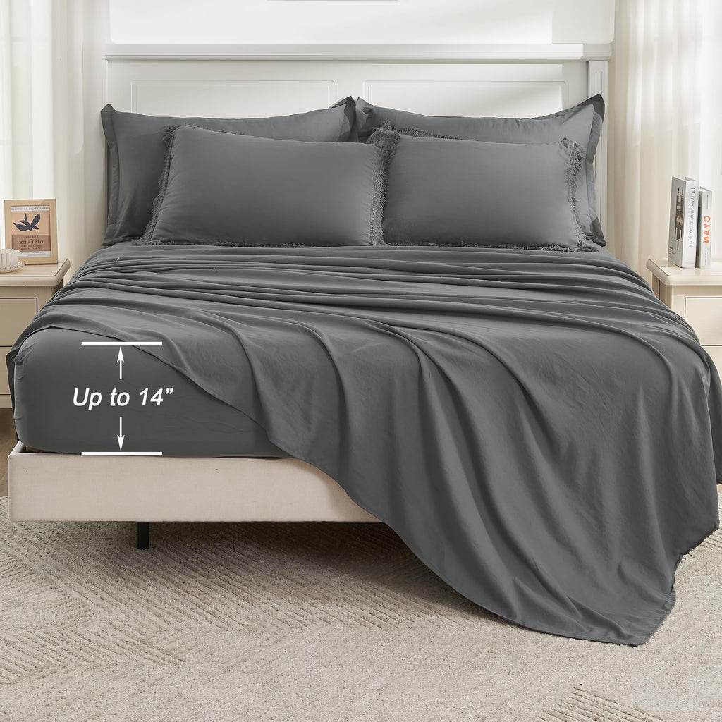 Andency Dark Grey King Size Comforter Set With Sheets - 7 Pieces Boho Tassel Bed In A Bag Soft Lightweight Bedding Sets, Dark Grey Fringe Bed Set With Comforter, Sheets, Pillowcases & Shams