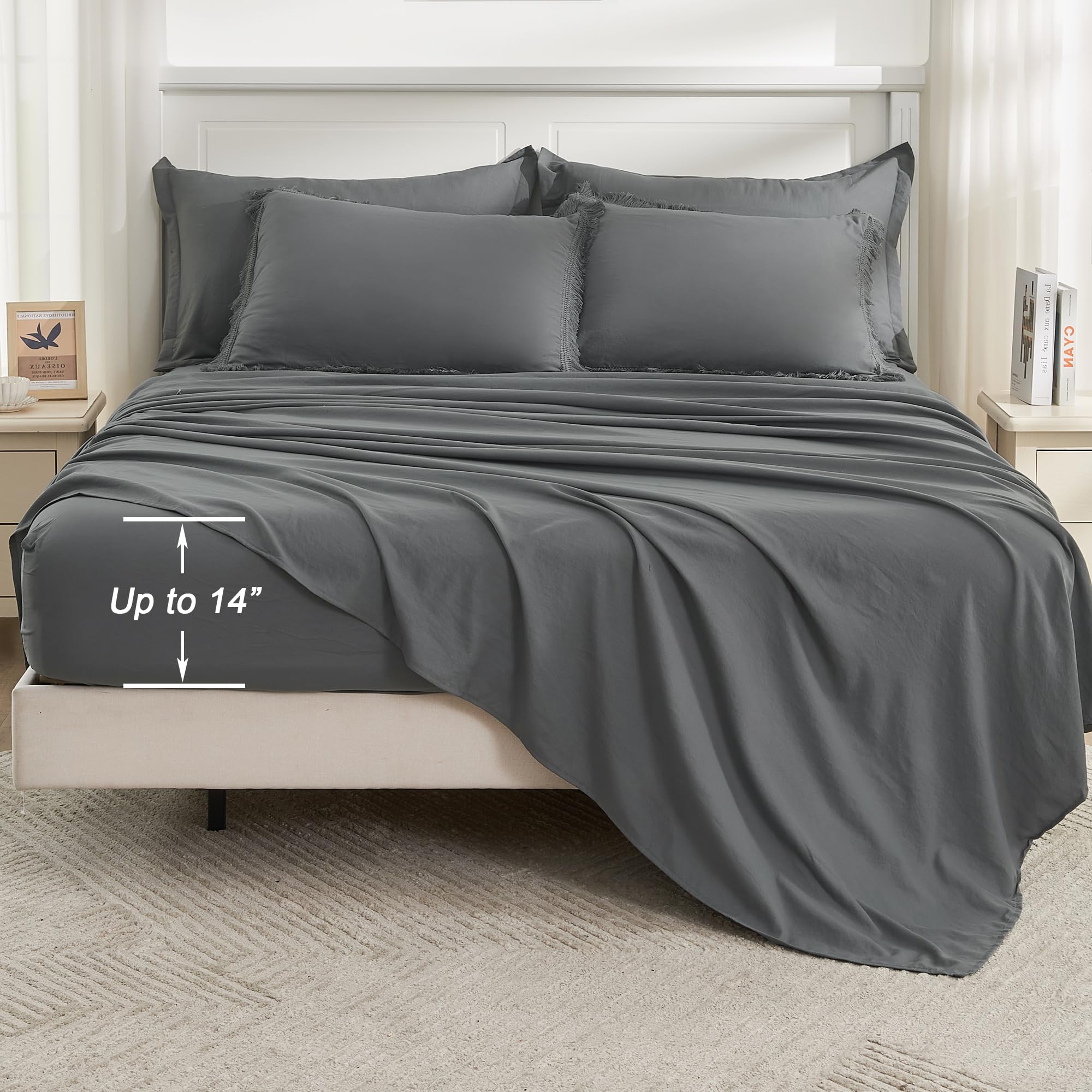 Andency Dark Grey Full Size Comforter Set With Sheets - 7 Pieces Boho Tassel Bed In A Bag Soft Lightweight Bedding Sets, Dark Grey Fringe Bed Set With Comforter, Sheets, Pillowcases & Shams