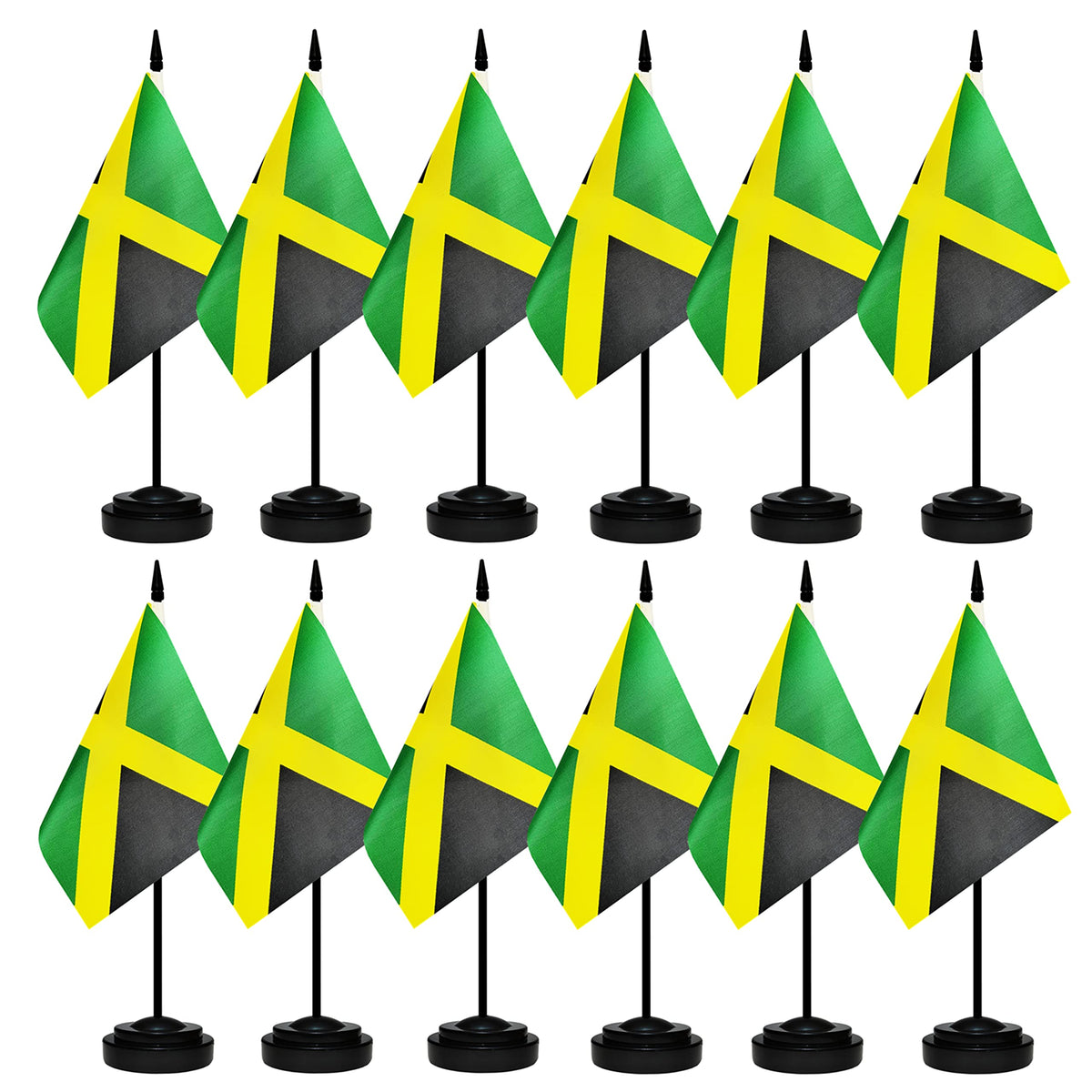 12 Pack Jamaica Desk Flags Set, Jamaican Small Mini Table Office Flags With 12' Solid Black Pole, 8.2 X 5.5 Inches, Home And Of