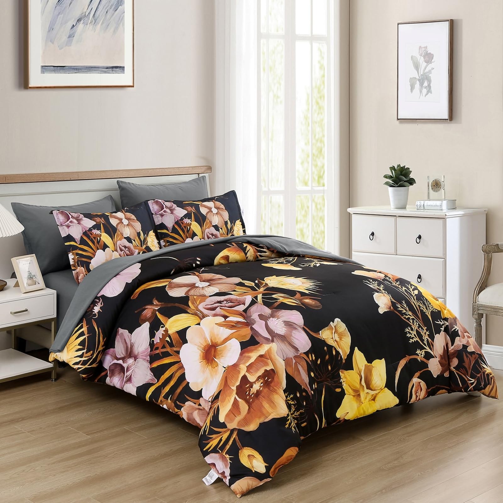 Luxudecor Floral Comforter Set Queen Size 7 Piece, Gold And Black Bed In A Bag, Elegant Flower Comforter With Sheet Set, Soft Mi