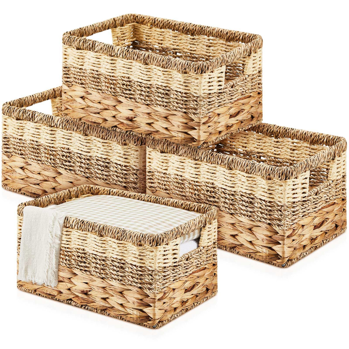 Suzile 4 Pack Wicker Storage Baskets, Water Hyacinth Seagrass, M
