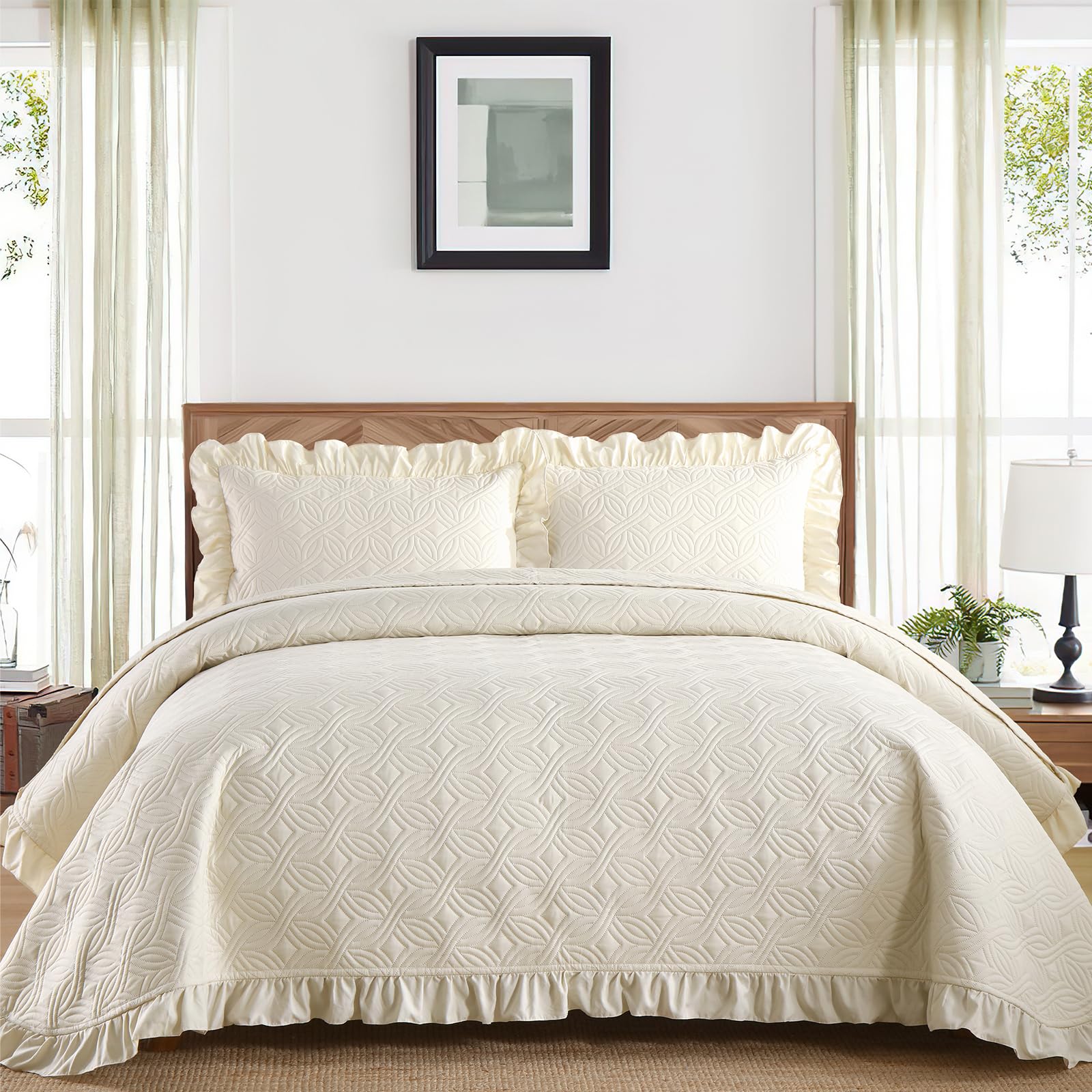 Djy Queen Quilt Bedding Set, Beige Soft Bed Summer Quilt Lightweight Modern Bedspreads Bedding Set For All Seasons (1 Quilt, 2 P