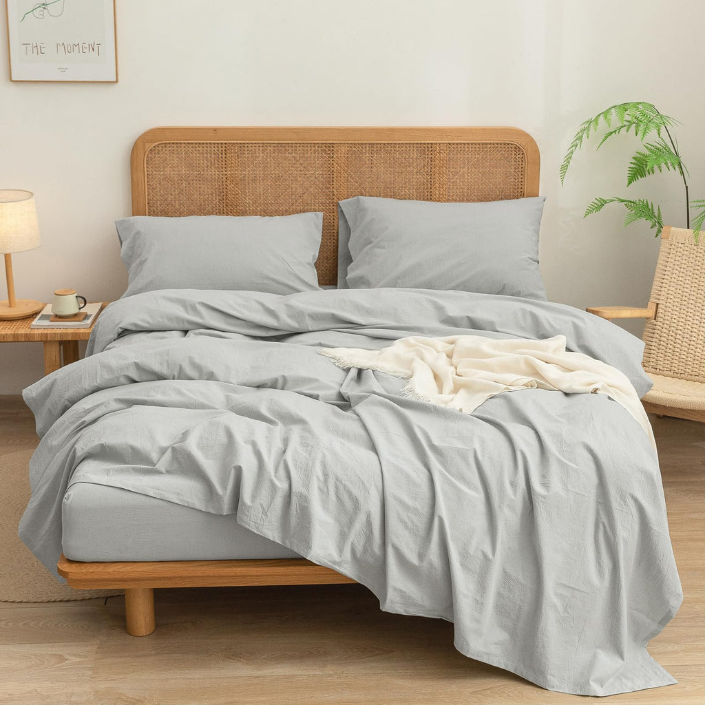 Bestouch Sheet Set 100% Washed Cotton Linen Feel Super Soft Comfortable Chic Lightweight 4 Pcs Home Bedding Set Solid Northern D