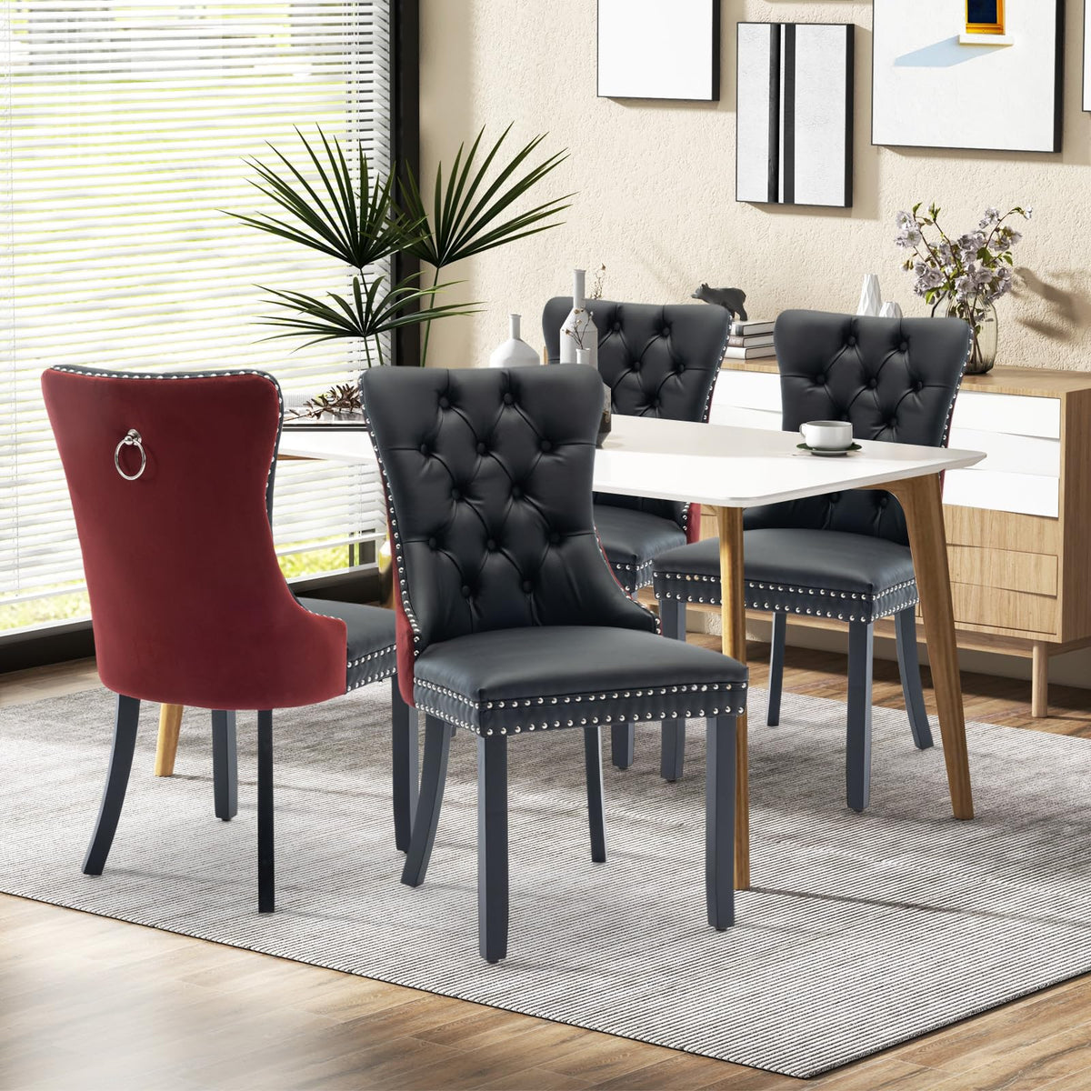 Vicbarley Leather Dining Chair Set Of 4 Upholstered Tufted Dining Room Chair With Nailhead Trim And Rubber Wood Legs For Kitchen