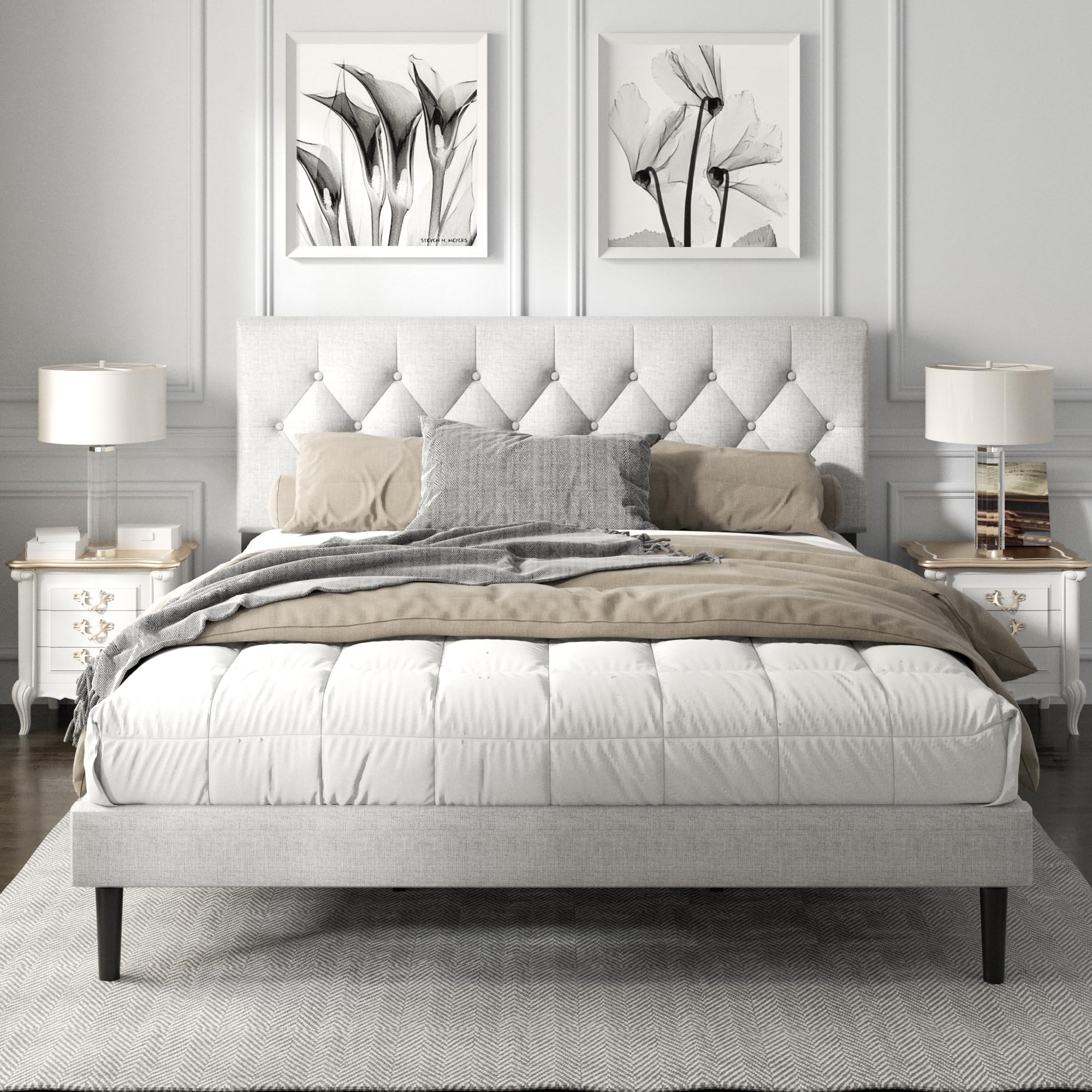 Haoara King Size Platform Bed Frame With Upholstered Button Tufted Headboard, Mattress Foundation With Wooden Slat Support, Noise Free, No Box Spring Needed, Easy Assembly, Light Grey