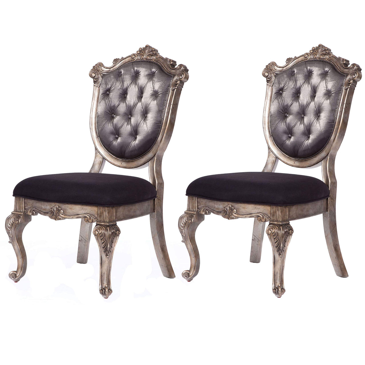 Benjara Wooden Side Chair With Cabriole Legs And Fabric Upholstered Seat, Set Of Two, Gray And Silver