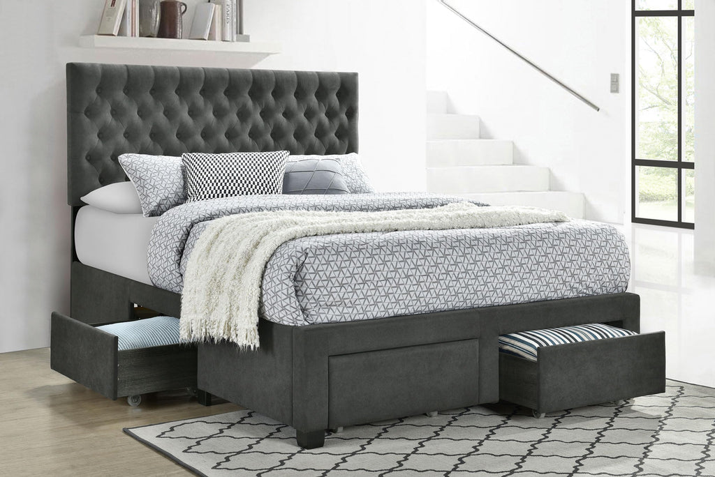 Coaster Home Furnishings Soledad Modern Classic Fabric Upholstered Eastern King Size Storage Panel Bed Frame Platform Bed 52-inch Headboard Grey 305877KE