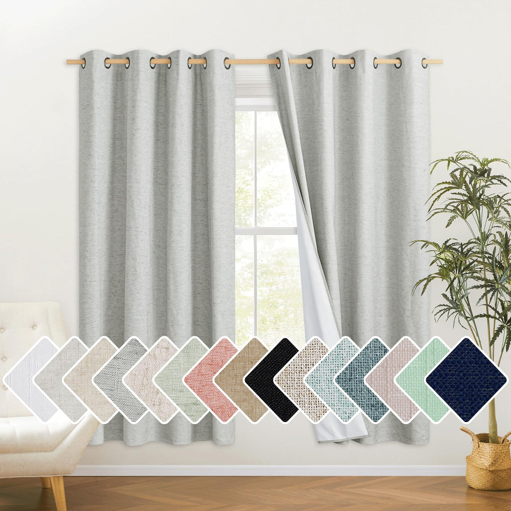Nicetown Grey Living Room Completely Shaded Linen Draperies, 2 Pieces, W52 X L72, Privacy Protection & Noise Reducing Ring Top Drapes, White Lined Insulated Window Treatment Curtain Panels