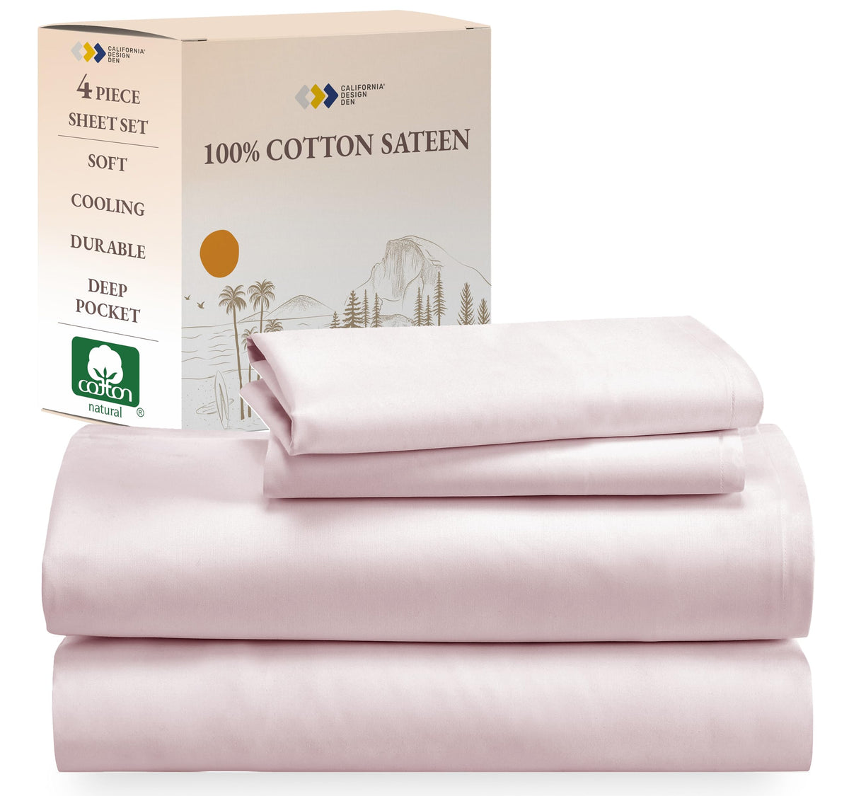 California Design Den Soft 100% Cotton Queen Sheet Set, Sateen Sheets Queen Size Bed Set, Cooling Sheets - Pink
