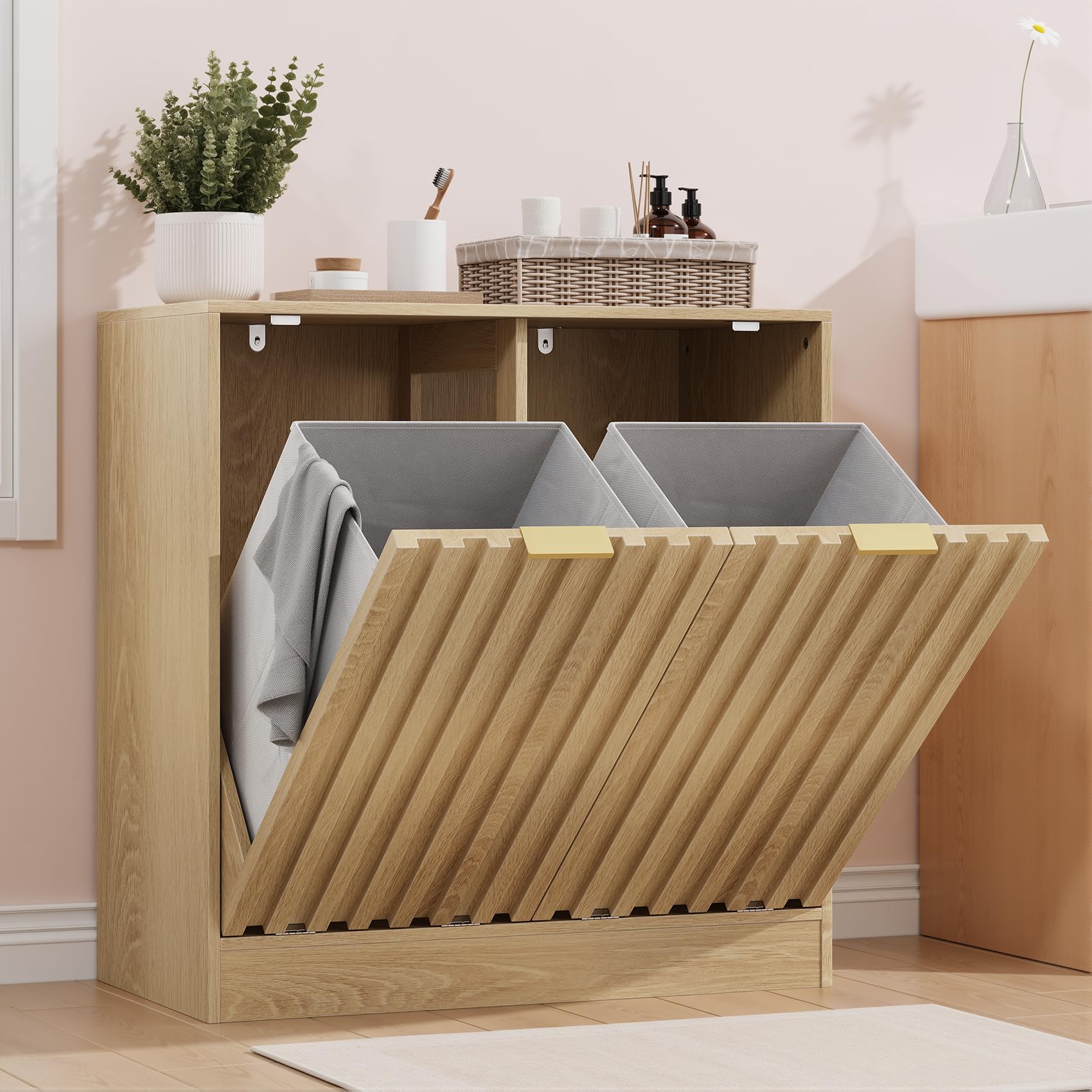 Smuxee Double Tilt Out Laundry Hamper Cabinet, Hidden Laundry Cabinet with Double Baskets, Natural Trash Can with Fluted Doors f
