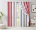 Mix and Match Blackout Curtains - Bedroom Solid White 90% Room Darkening Window Panels & Pink Ombre Chiffon Sheer Curtains Doubl