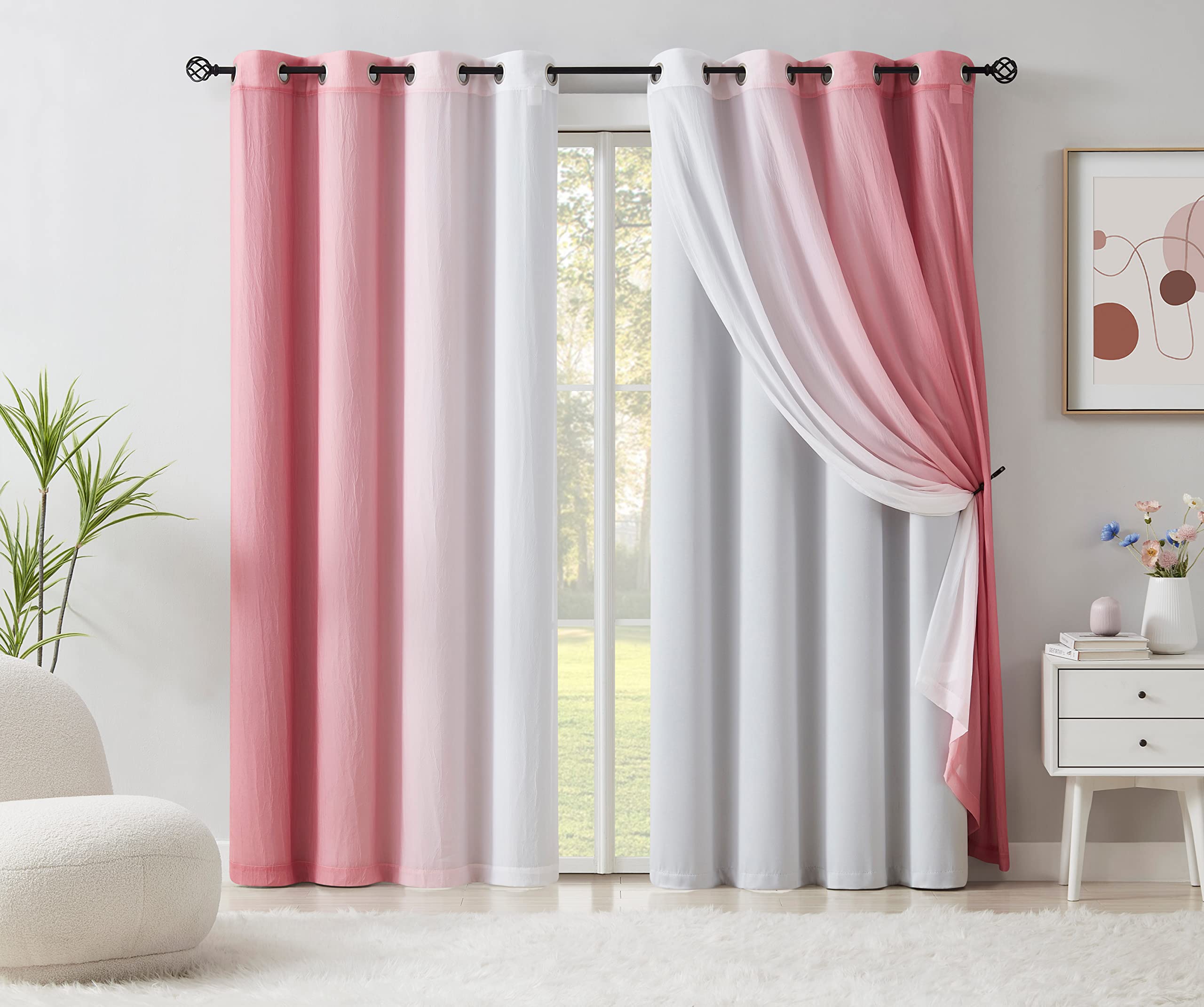 Mix and Match Blackout Curtains - Bedroom Solid White 90% Room Darkening Window Panels & Pink Ombre Chiffon Sheer Curtains Doubl