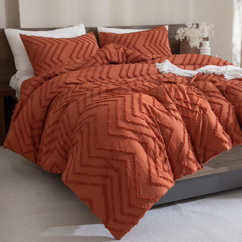 Andency Burnt Orange Comforter For Queen Size Bed, Boho Terracotta Soft Warm Bedding Comforter Sets For Queen Bed, 3 Pieces Rust Chevron Tufted Aesthetic Microfiber Lightweight Comforter Set