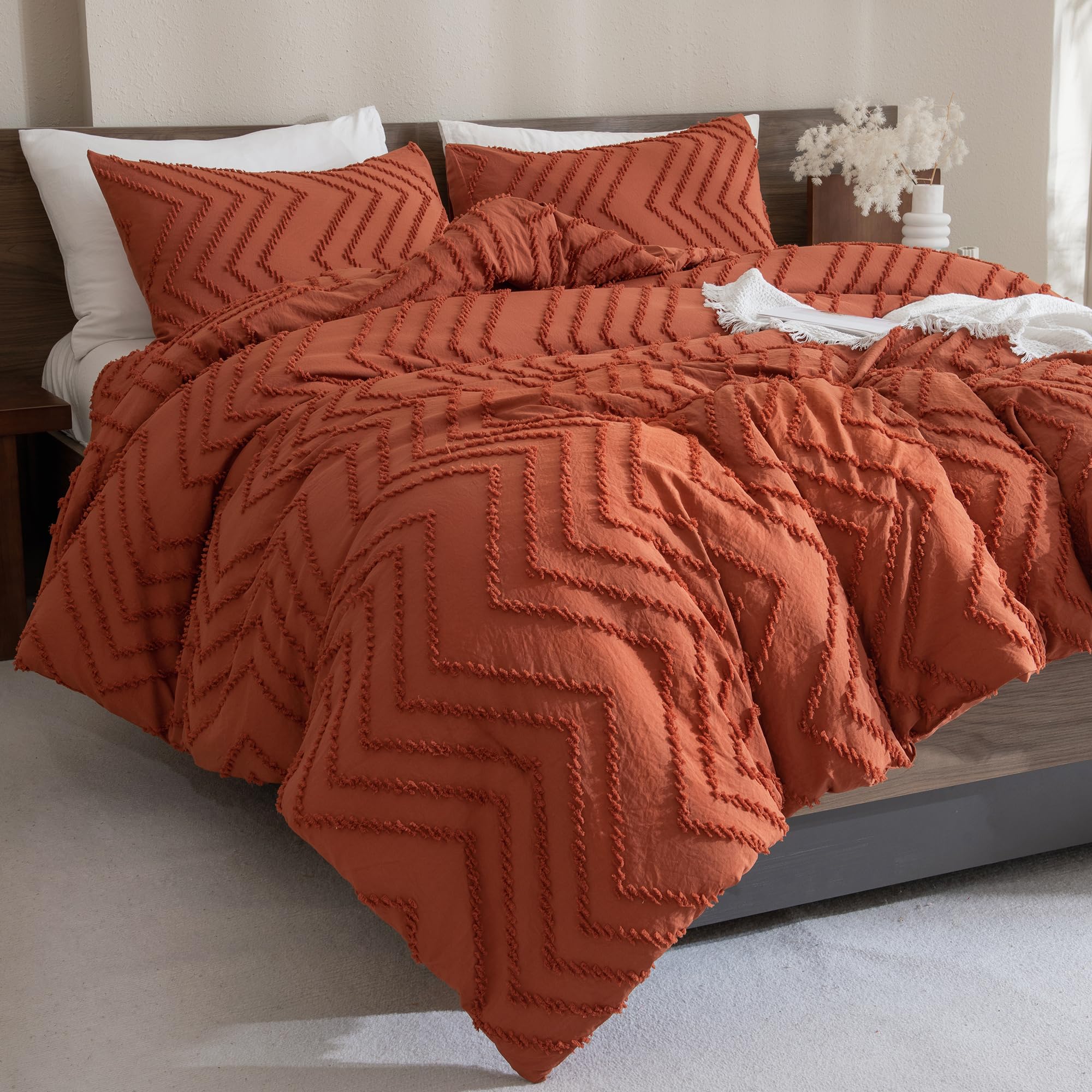 Andency Burnt Orange Comforter For Queen Size Bed, Boho Terracotta Soft Warm Bedding Comforter Sets For Queen Bed, 3 Pieces Rust Chevron Tufted Aesthetic Microfiber Lightweight Comforter Set