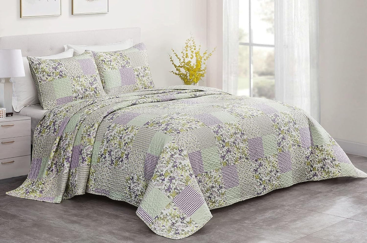 Chezmoi Collection Daisy 3-Piece Printed Patchwork Quilt Set - Purple Butterfly Botanical Candy Stripe Checkered Coverlet - Pre-