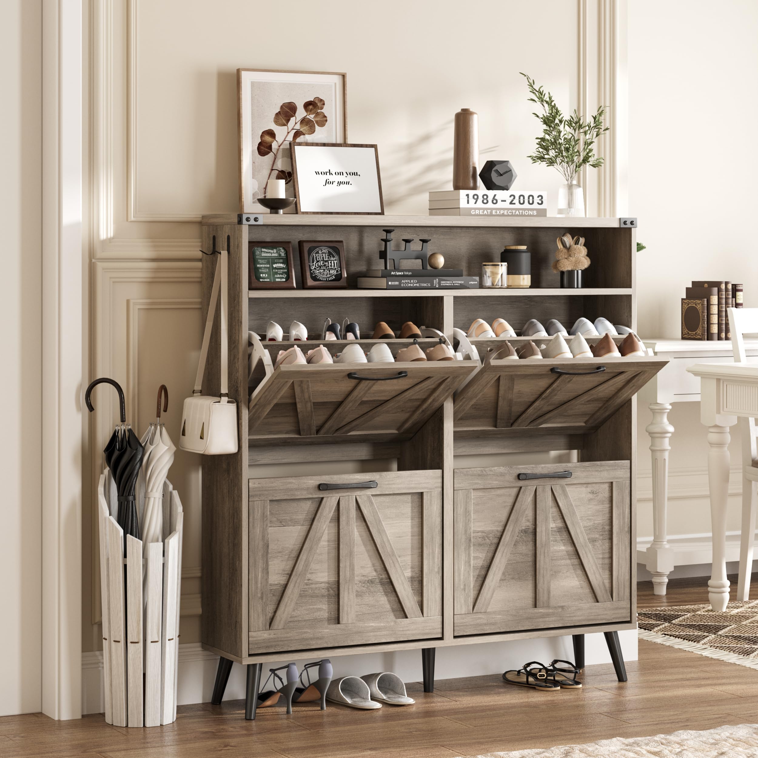 Halitaa Shoe Cabinet Wtih 4 FILP Drawers,Shoe Storage Cabinet for Entryway,Freestanding Shoe Cabinet Organizer with Open Storage