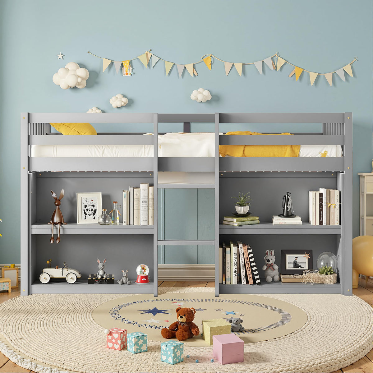 Okak Loft Bed Twin Size, Toddler Kids Loft Bed With Stairs And Storage, Wooden Beds Frames With Two-Tier Shelves And Led Light F