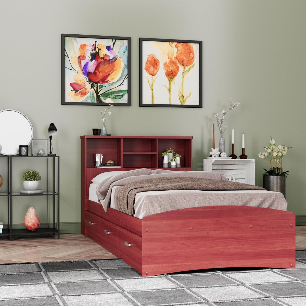 Bed with 3 Drawers and Bookcase Headboard (Mahogany, Twin)