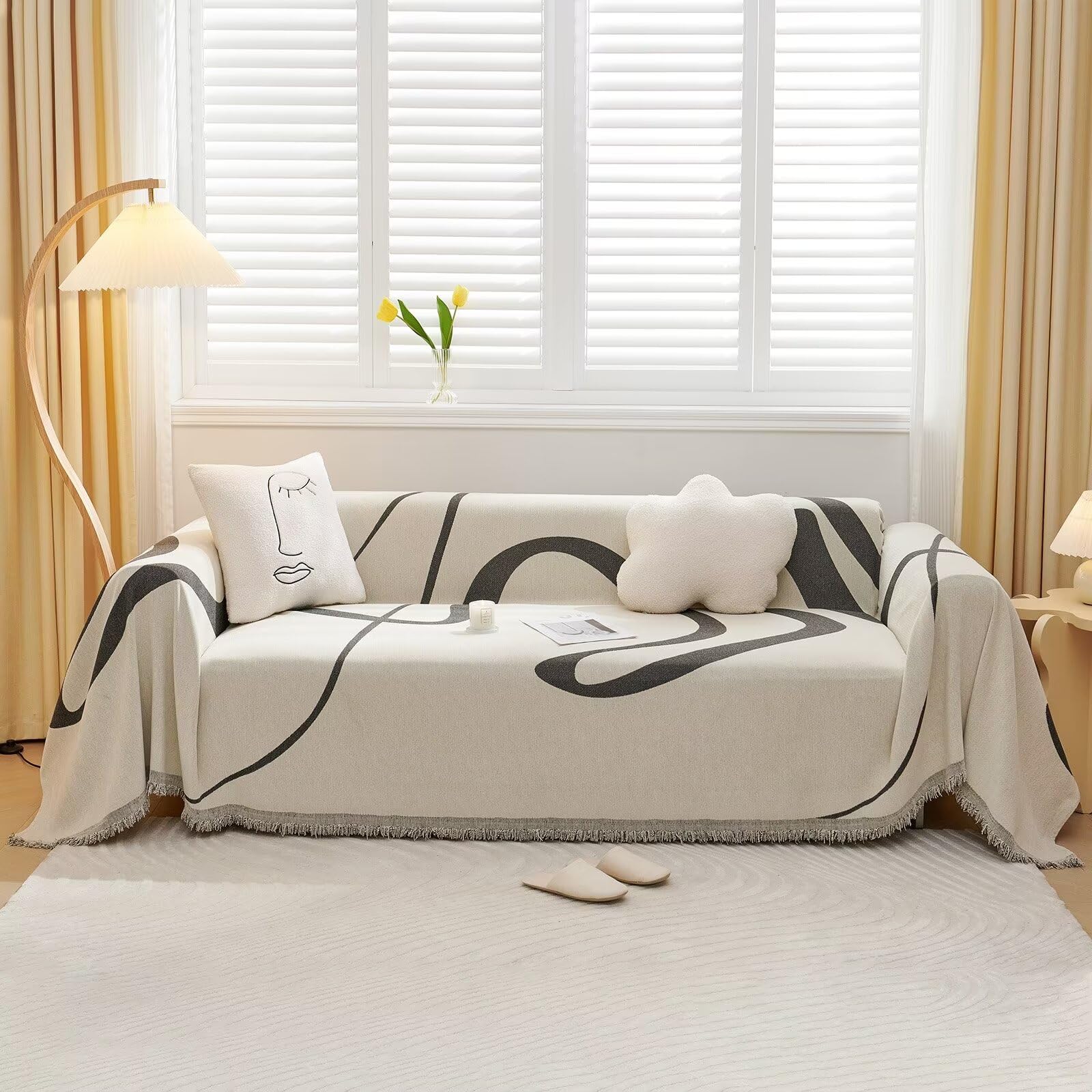 Vclife Cozy Chenille Couch Cover Modern Beige Cream Black Stripe Jacquard Sofa Slipcover Warm Fur-Resistant Dog Couch Cover For