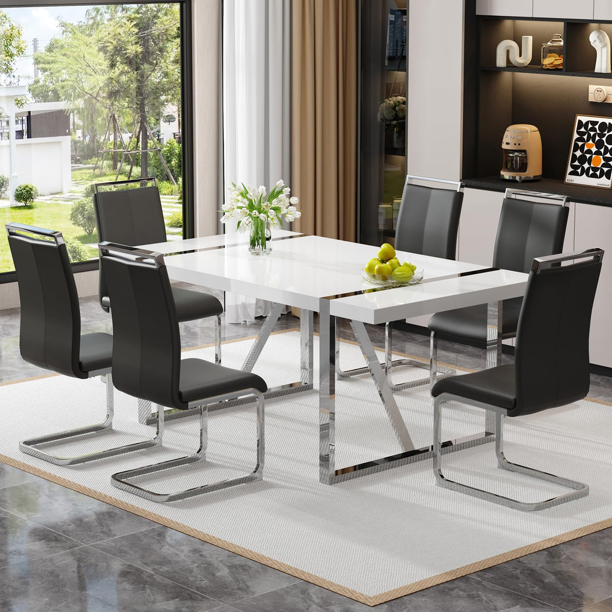 Ebullient White Dining Table Set For 6, Modern 71' Mdf Kitchen Table And Leather Chairs Set Of 6, Rectangular Dining Room Table