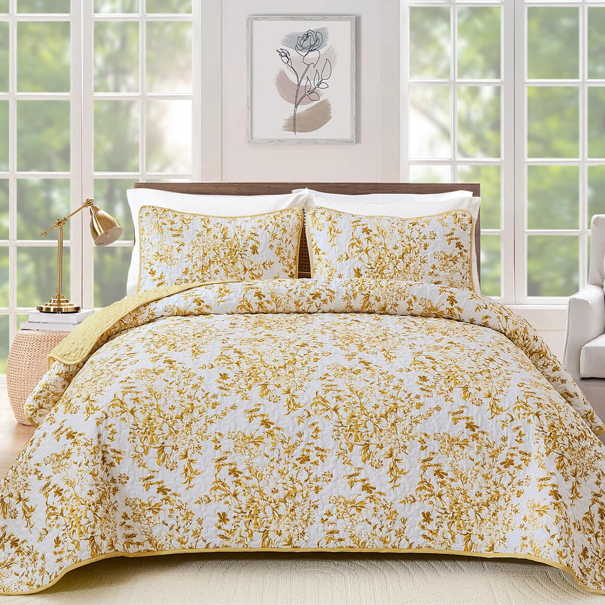Wongs Bdeeing Quilt King Size, Yellow Quilt Bedding Set With 2 Pillowcases, Botanical Quilt For King Bed, Soft Microfiber Lightw